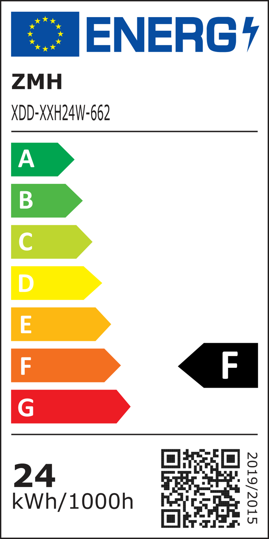 Energielabel mit Energieeffizienzklassen von A bis G, QR-Code und Energieverbrauchsdaten.