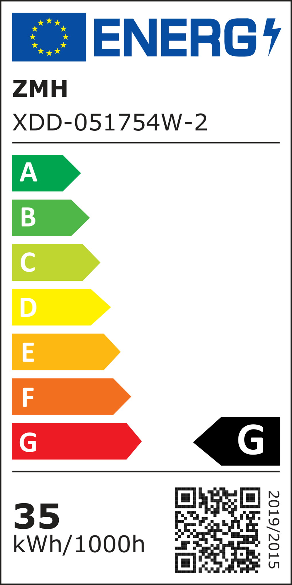 Energielabel mit Energieeffizienzklasse. Es hat eine Skala von A bis G, wobei A die effizienteste ist. Zeigt 35 kWh/1000h.