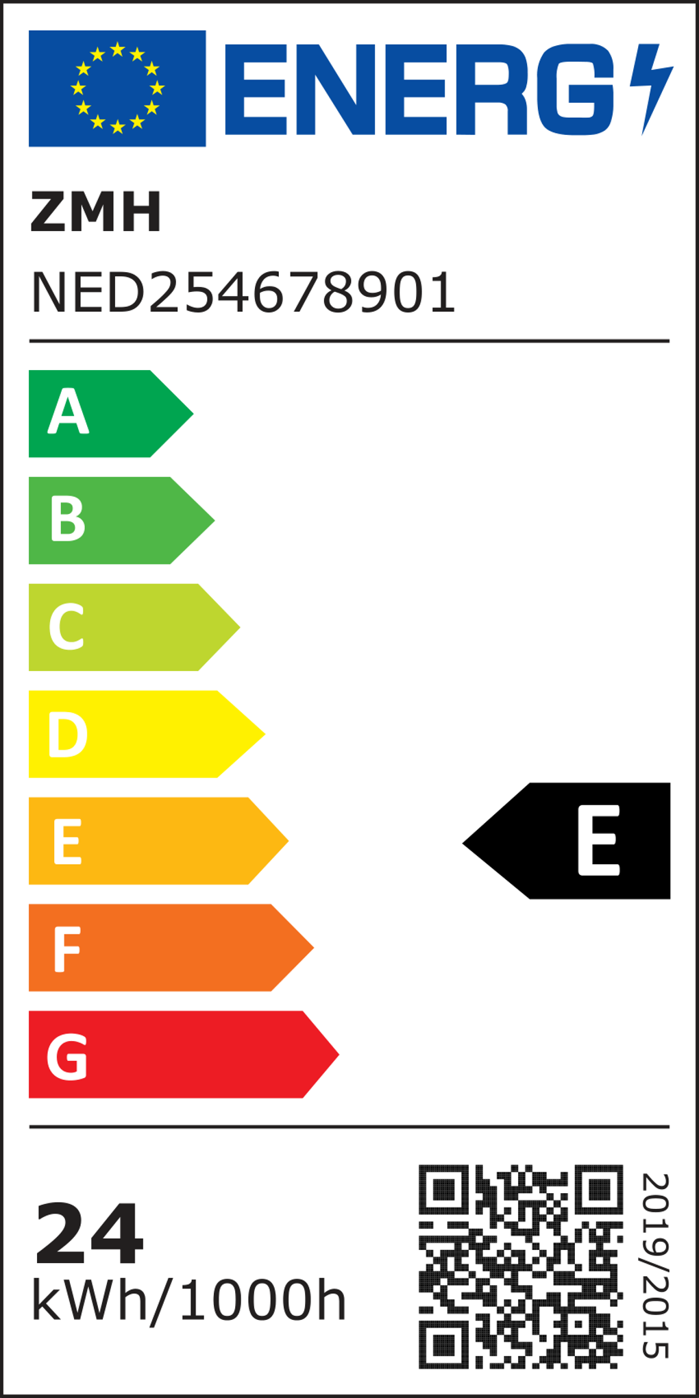 Energielabel mit Bewertungen von A bis G. Das Produkt ist mit E bewertet. Das Etikett enthält die EU-Flagge, den Markennamen und den QR-Code.