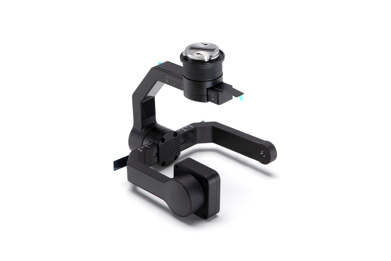 Gimbal nero per fotocamera su sfondo bianco. Ha una parte superiore cilindrica, bracci e una base rettangolare.