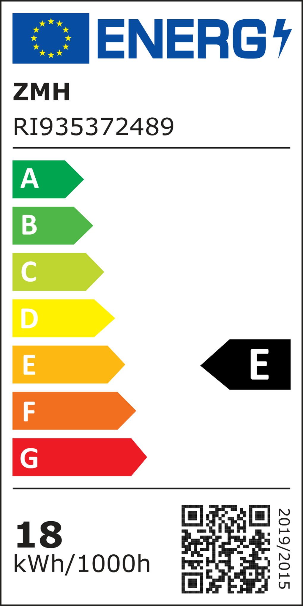 Energielabel mit EU-Flagge, Markenname, Modellnummer, Energieeffizienzskala A-G und Angaben zum Energieverbrauch.