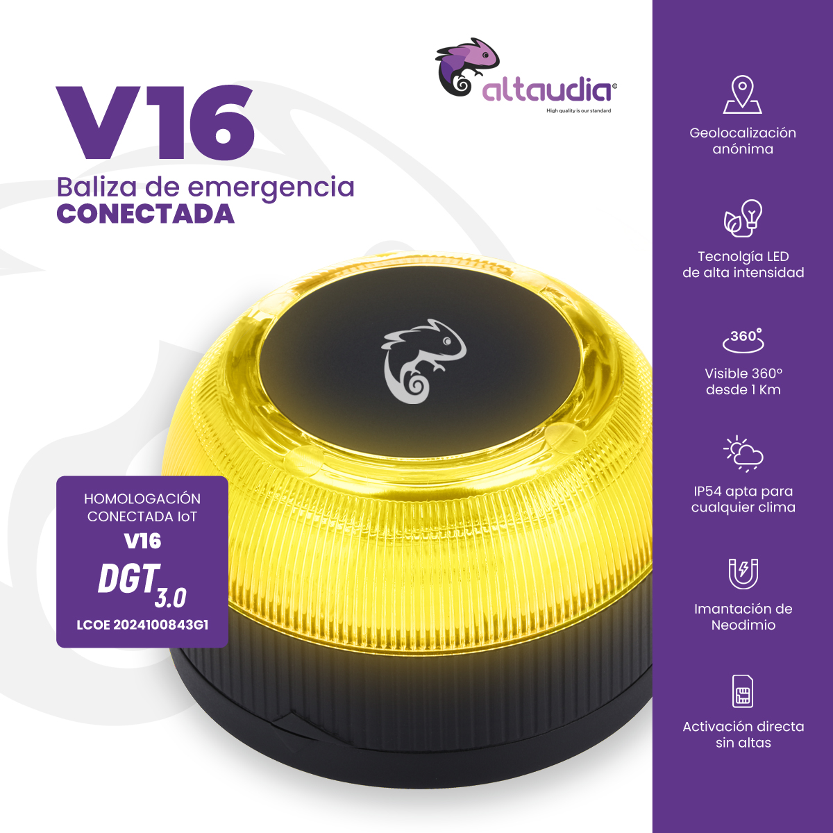 Baliza de emergencia amarilla y negra. El texto incluye 'V16', 'Conectado' y características como geolocalización y tecnología LED.