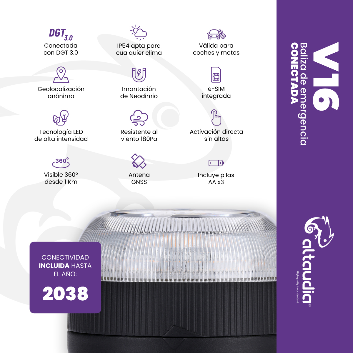 Una baliza de emergencia V16. Tiene una parte superior transparente, base negra y características como e-SIM y antena GNSS.