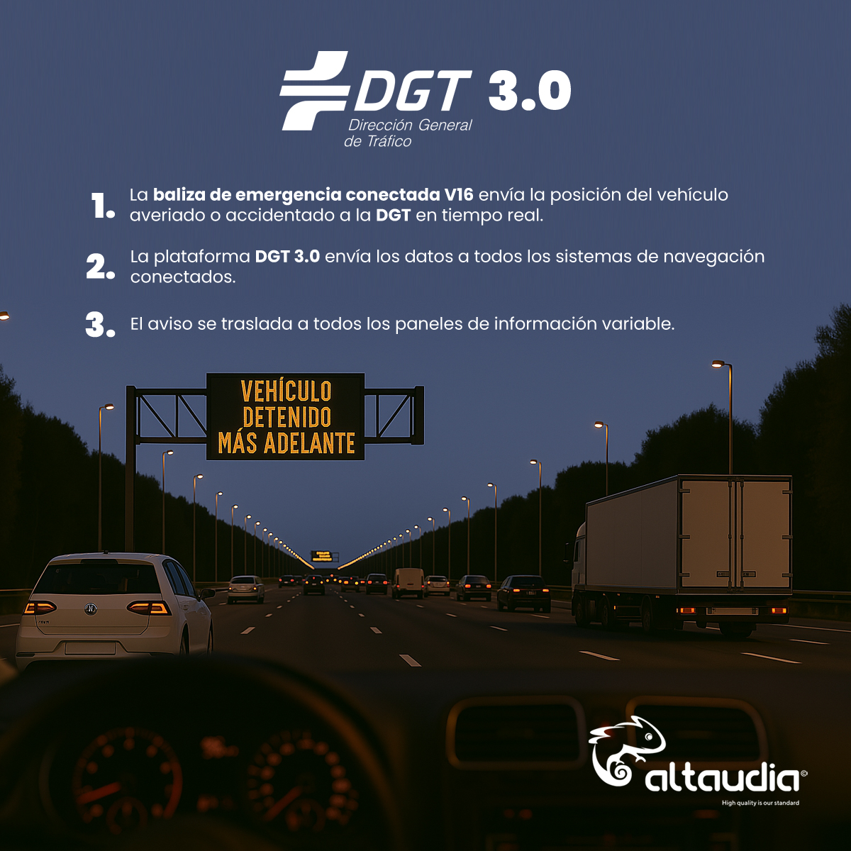 Escena de autopista al anochecer con coches y un camión. Un letrero advierte de un vehículo parado. El logo DGT 3.0 es visible.