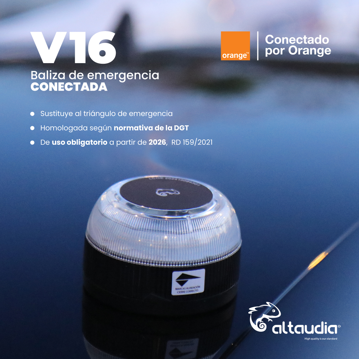 Una baliza de emergencia, V16, se muestra con la marca 'Orange'. El texto detalla sus funciones, incluido el reemplazo del triángulo de emergencia.