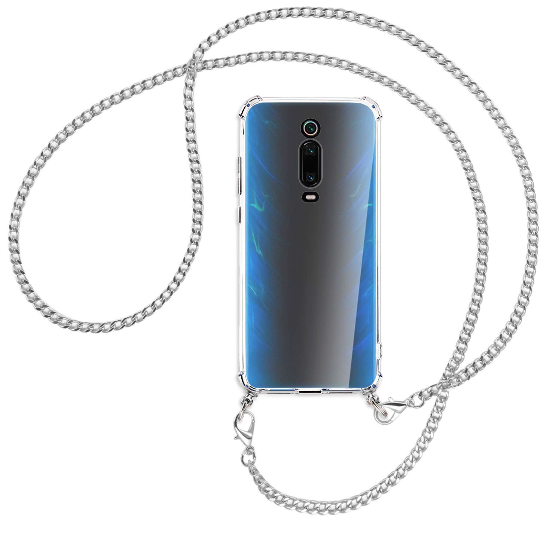 Eine Handyhülle mit silberner Kette. Das Handy hat ein blaues Design und eine Kamera.