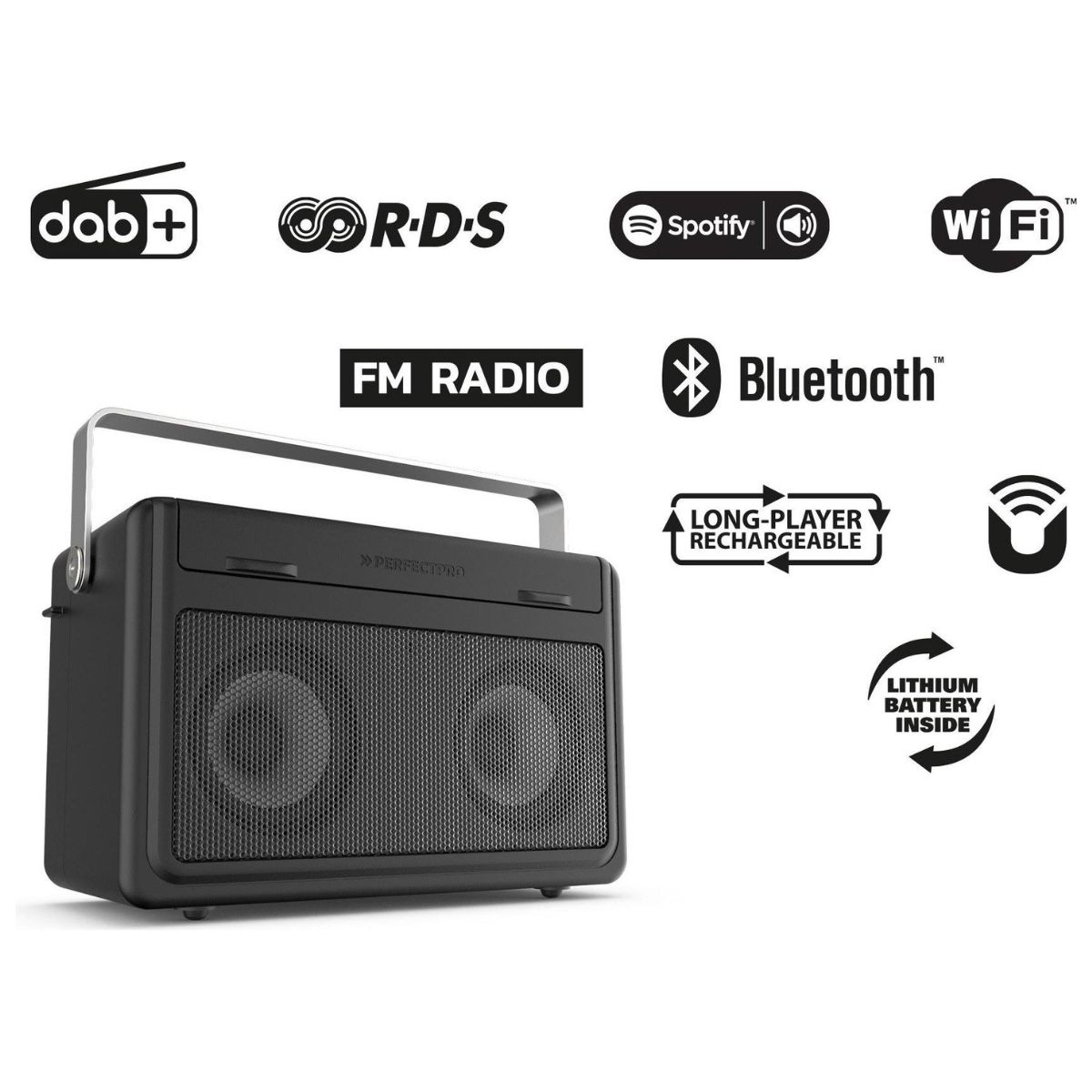 Schwarzes tragbares Radio mit verschiedenen Anschlussmöglichkeiten. Logos für DAB+, RDS, Spotify, Wi-Fi, FM, Bluetooth und Akku sichtbar.