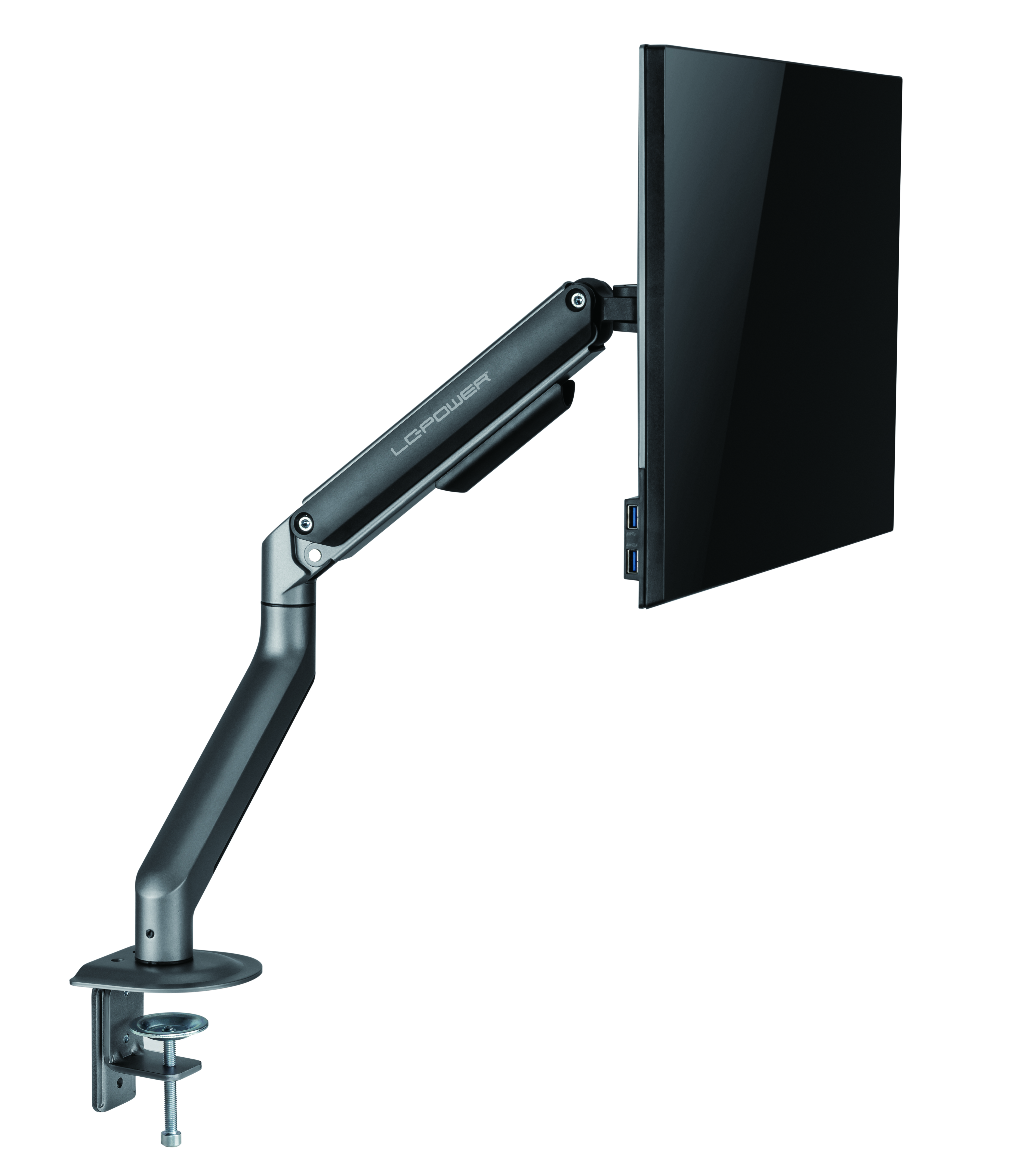 Ein Monitorarm mit angeschlossenem schwarzen Monitor. Der Arm ist grau und auf einer weißen Oberfläche montiert.