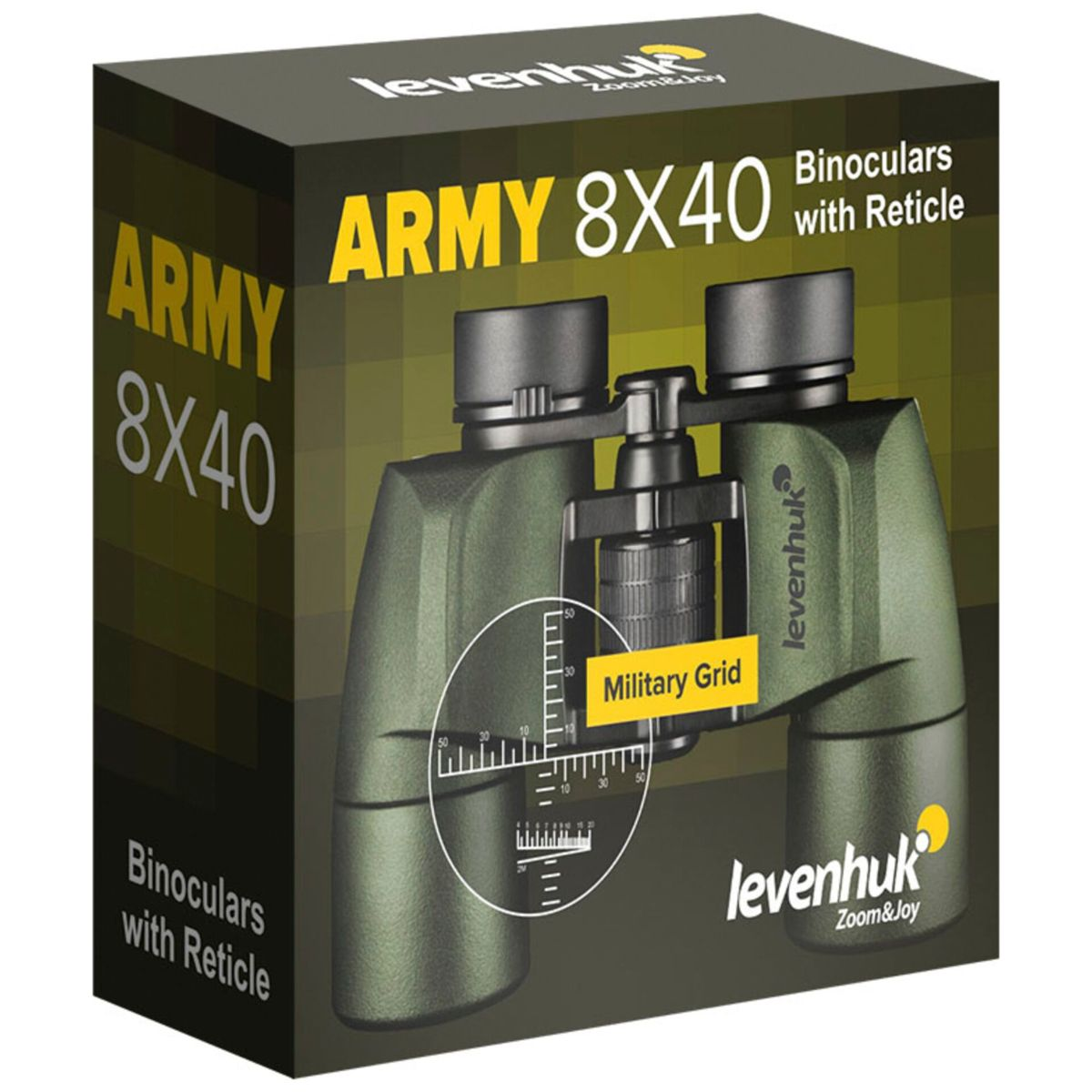 Schachtel mit Army 8X40 Fernglas mit Fadenkreuz. Das grüne Fernglas befindet sich auf der Schachtel mit der Marke Levenhuk und Militärnetz.