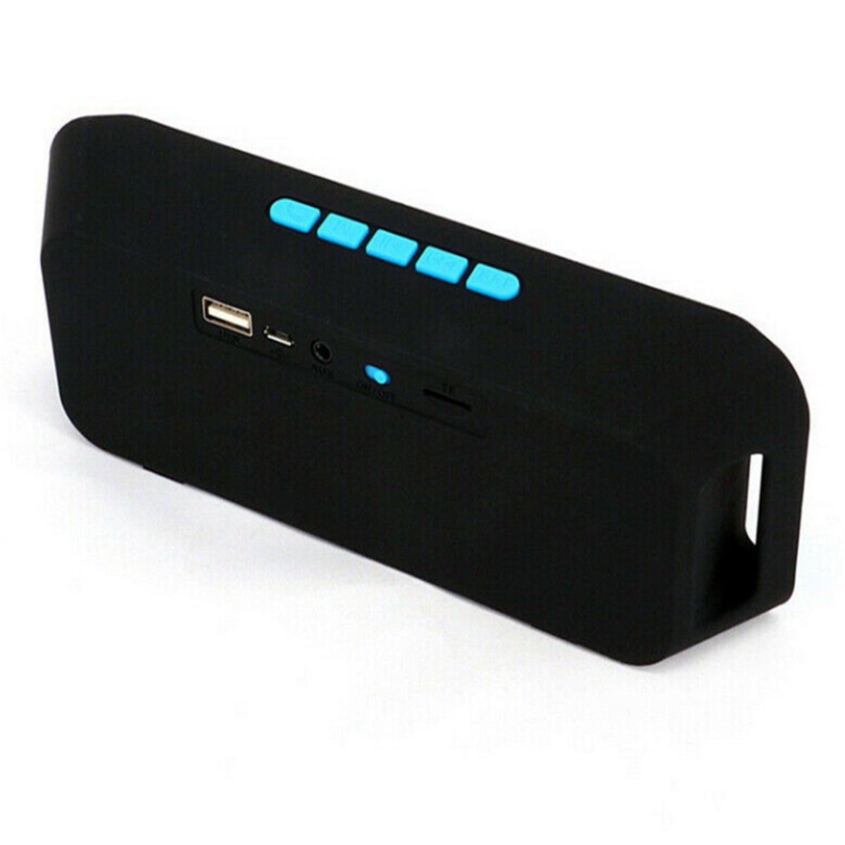 Schwarzer rechteckiger Lautsprecher mit blauen Knöpfen oben. Verfügt über USB-, Aux- und SD-Karten-Anschlüsse. Weißer Hintergrund.