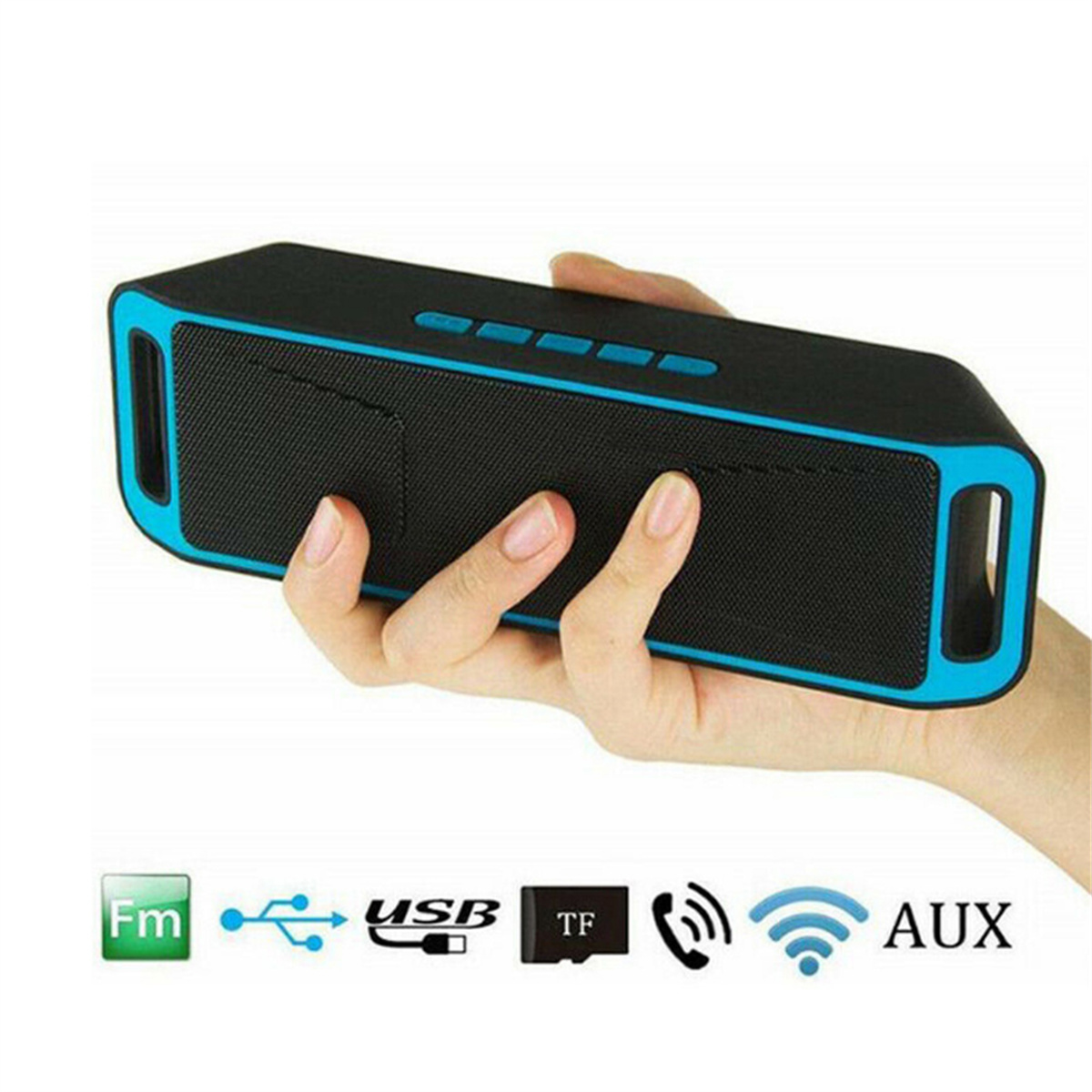 Eine Hand hält einen schwarz-blauen Lautsprecher. Symbole für Radio, USB, TF-Karte und drahtlose Konnektivität werden angezeigt.