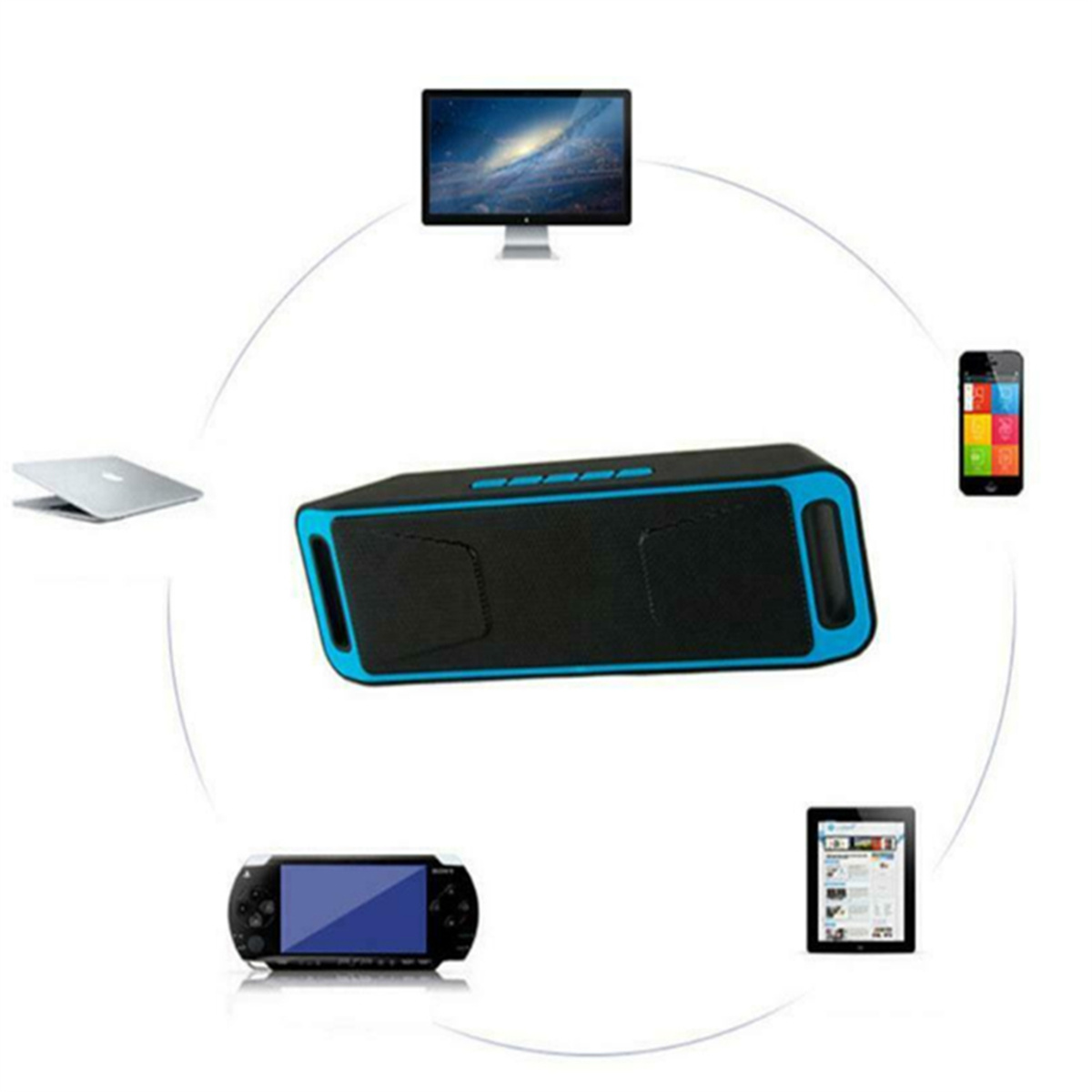 Schwarzer und blauer Lautsprecher mit mehreren Geräten darum: Laptop, Monitor, Telefon, Tablet und Spielkonsole.