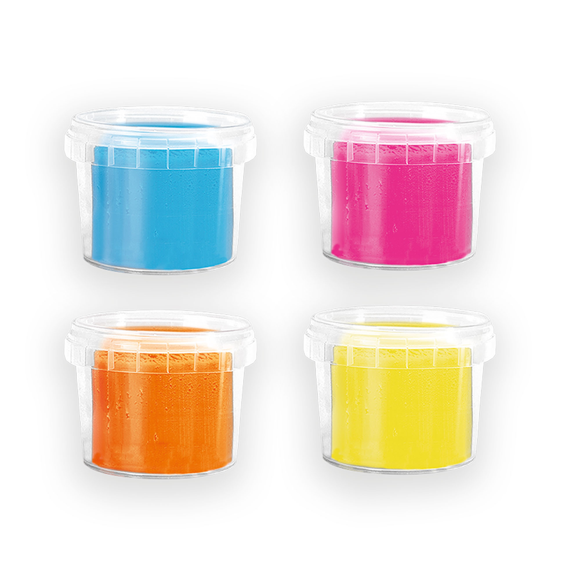 Vier kleine Plastikbehälter mit Deckeln. Jeder enthält eine andere Farbe: Blau, Pink, Orange und Gelb.