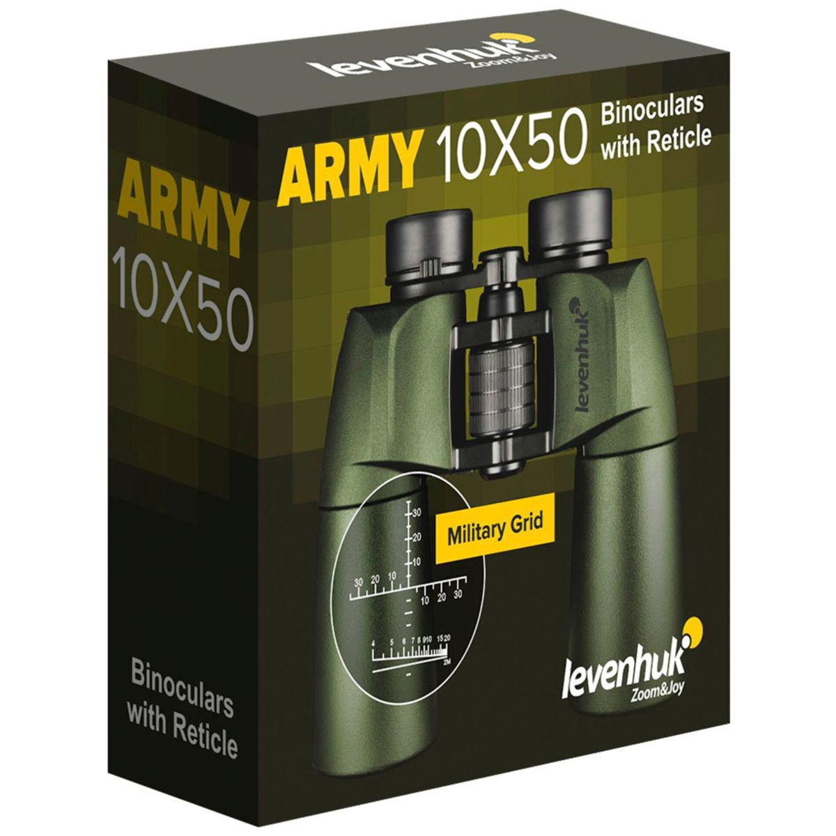 Eine Schachtel mit grünen Army 10X50 Ferngläsern mit Fadenkreuz und militärischem Raster. Die Marke ist Levenhuk Zoom&Joy.