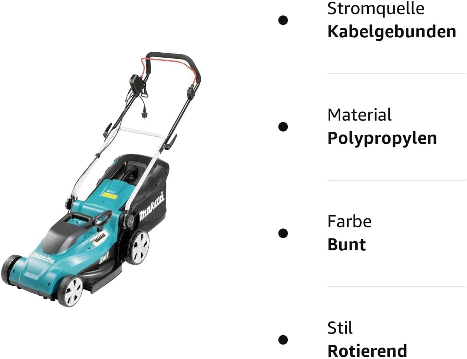 Ein türkisfarbener und schwarzer Makita-Rasenmäher mit rotem Griff. Er ist kabelgebunden und besteht aus Polypropylen.