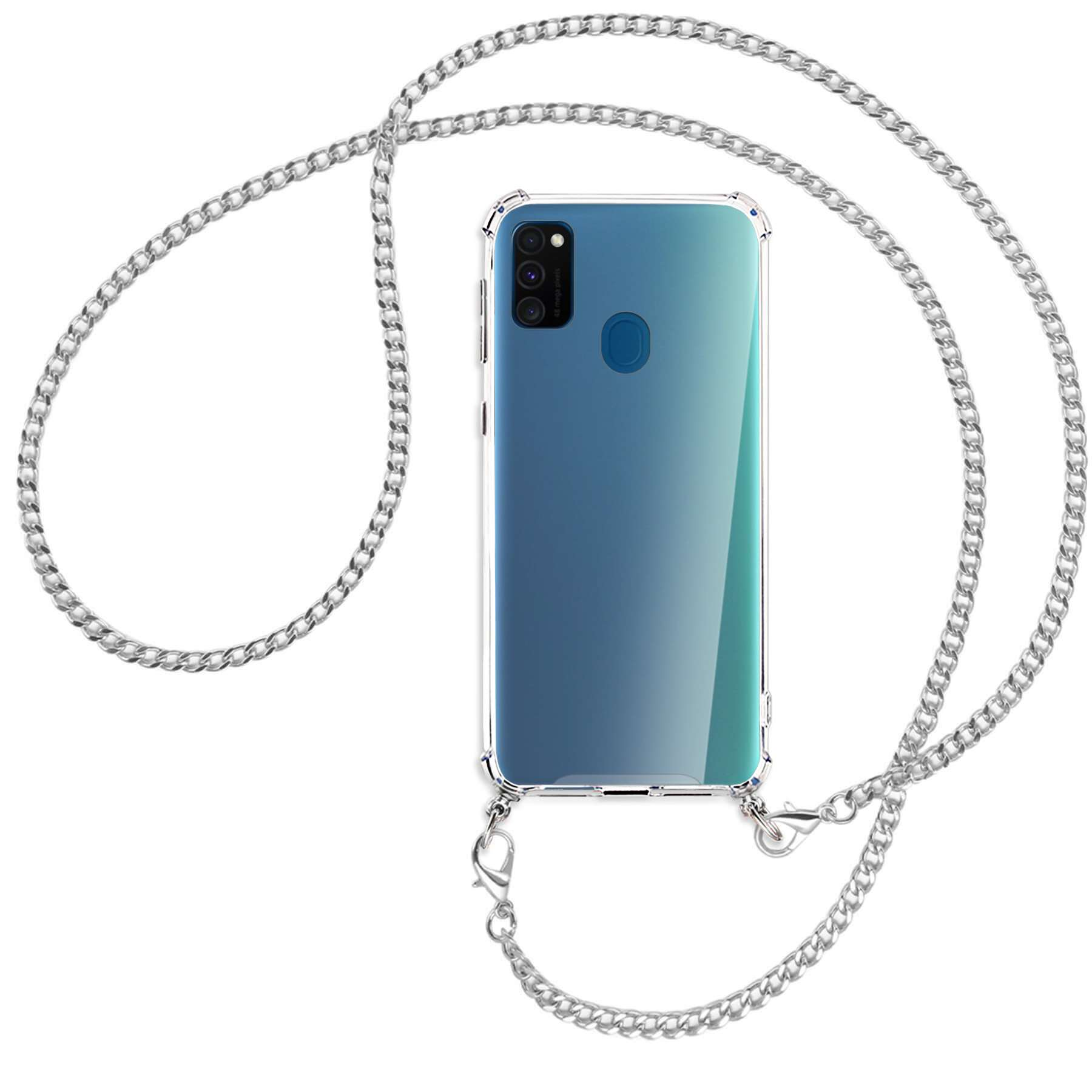 Ein Telefon in einer Hülle mit einer silbernen Kette. Das Telefon hat eine blau-grüne Farbverlaufsrückseite.