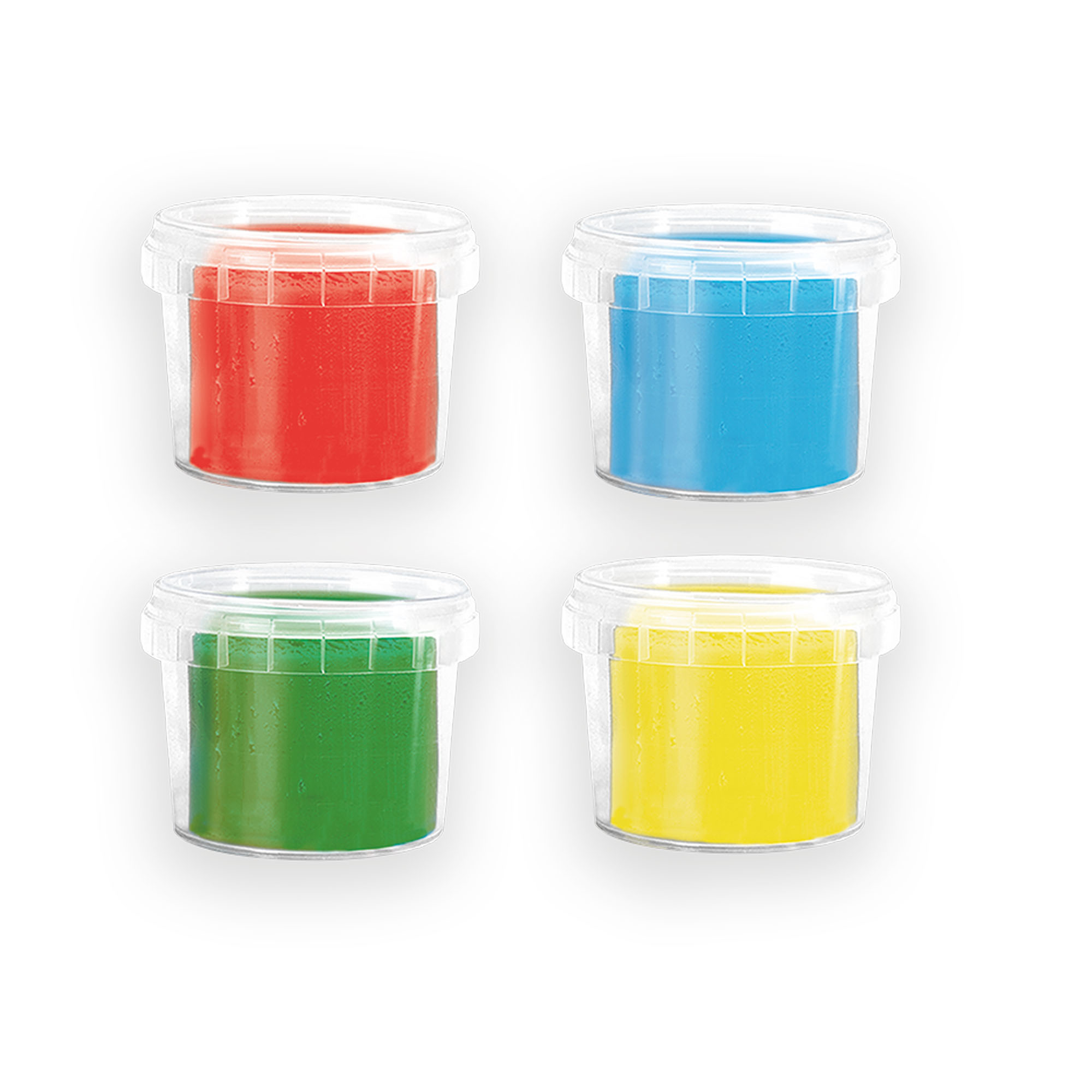 Vier kleine Behälter mit roter, blauer, grüner und gelber Farbe. Jeder hat einen durchsichtigen Deckel, vor weißem Hintergrund.