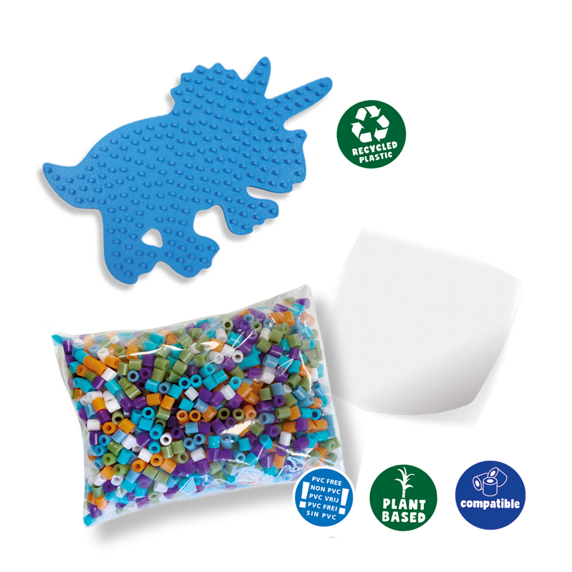 Un dinosaurio azul, una bolsa de cuentas de colores, papel blanco e iconos de reciclaje, a base de plantas y compatibles.