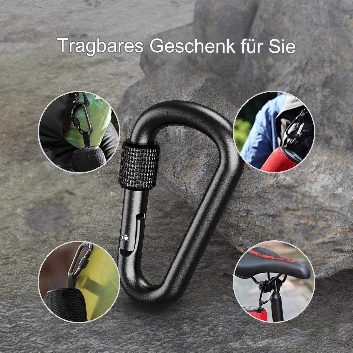 Schwarzer Karabiner mit gerändeltem Griff. Einsätze zeigen Karabiner an verschiedenen Gegenständen: Tasche, Fahrrad und Kleidung.