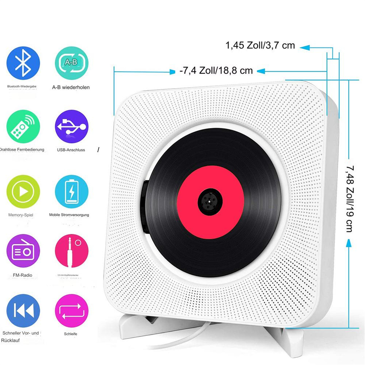 Weißer CD-Player mit schwarzer und roter Disc. Es hat mehrere Funktionssymbole und Maßangaben.