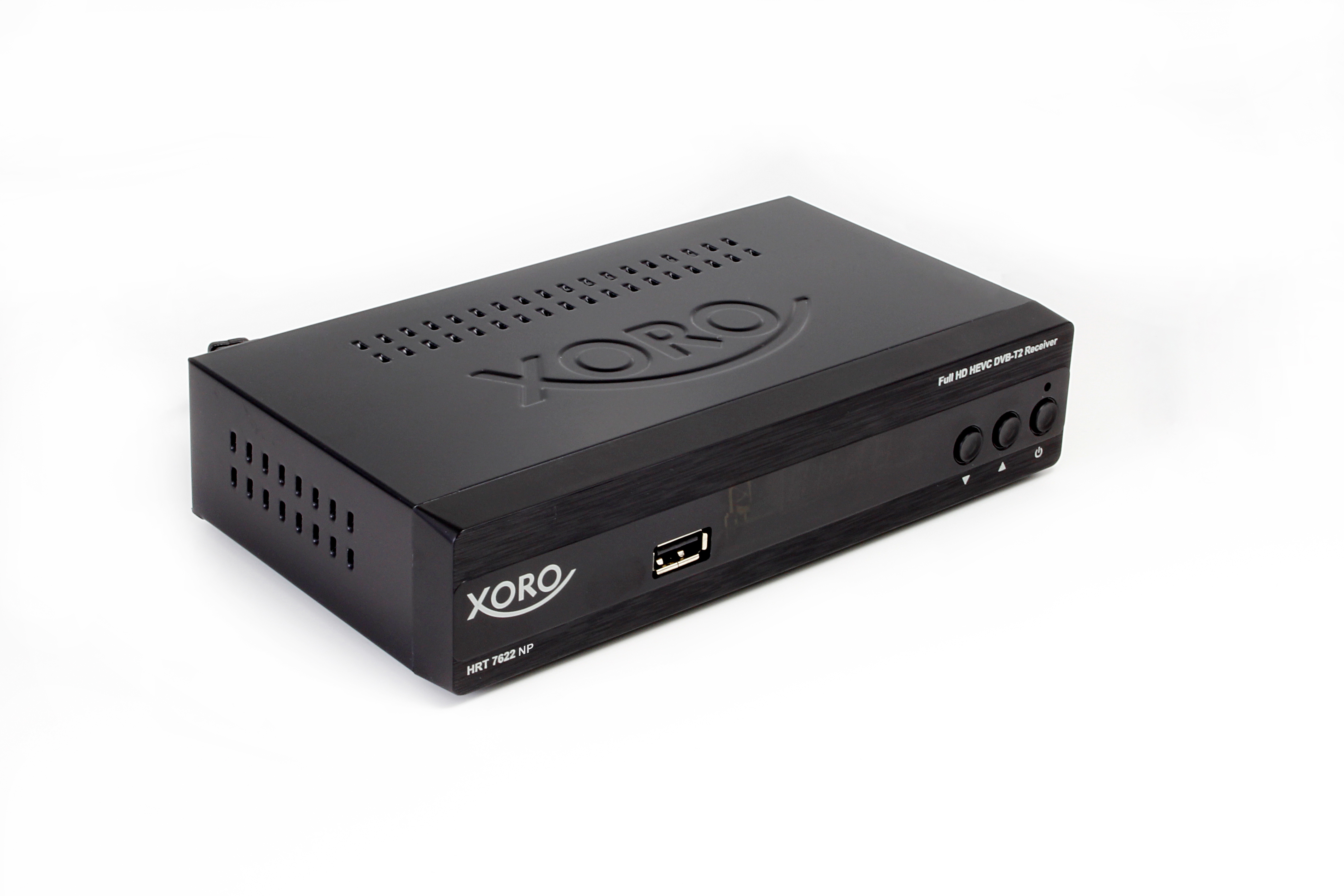 Ricevitore nero Xoro HRT 7622 NP su sfondo bianco. Ha una porta USB e pulsanti di controllo.