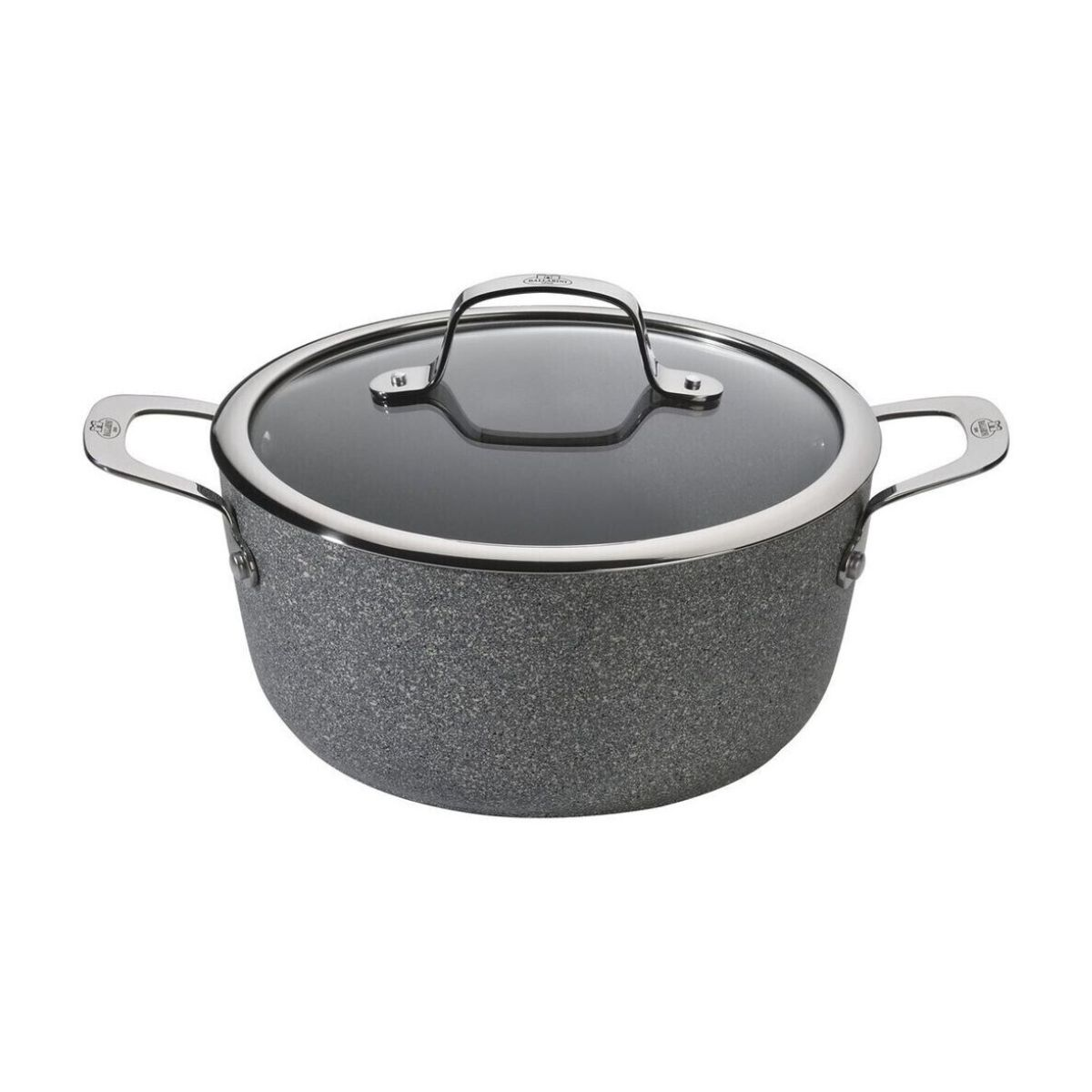 Una olla gris moteada con tapa de vidrio y dos asas laterales. La tapa tiene un asa y un borde de metal.