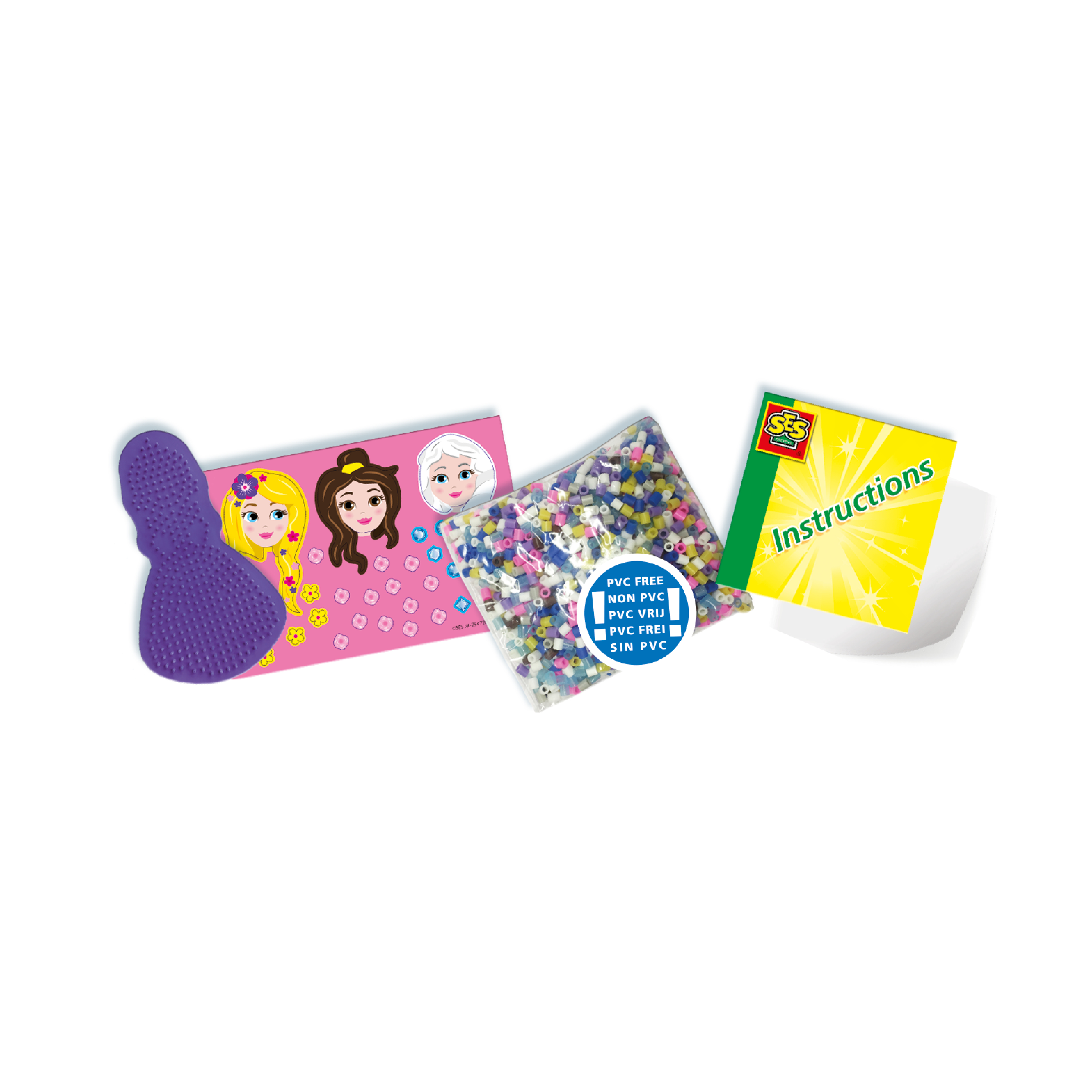 Ein Set mit Anleitungen, Perlen, einer lila Bürste und Karten mit Cartoon-Gesichtern auf weißem Hintergrund.