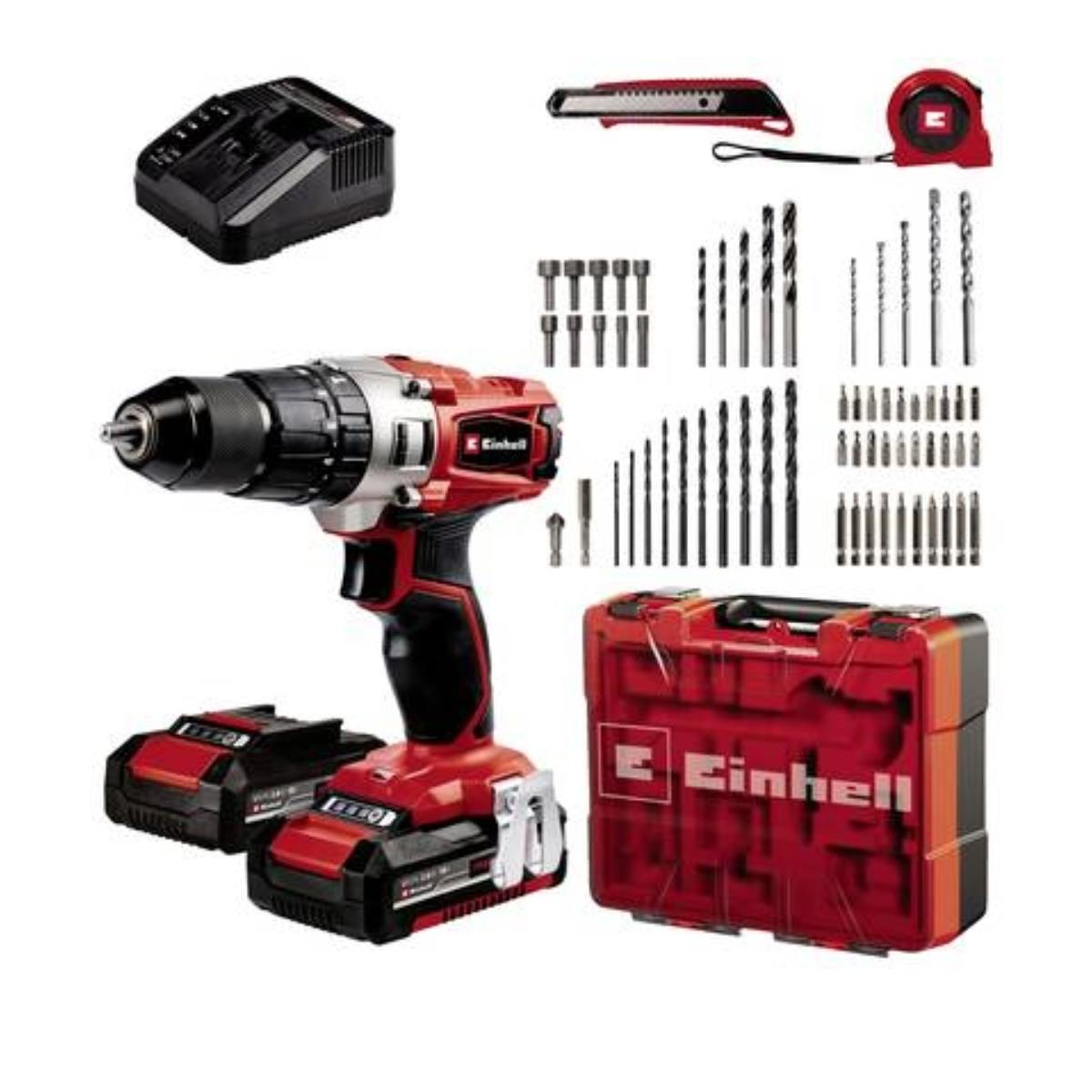 Un set trapano senza fili Einhell rosso e nero con punte, una custodia, un caricatore e altri strumenti.