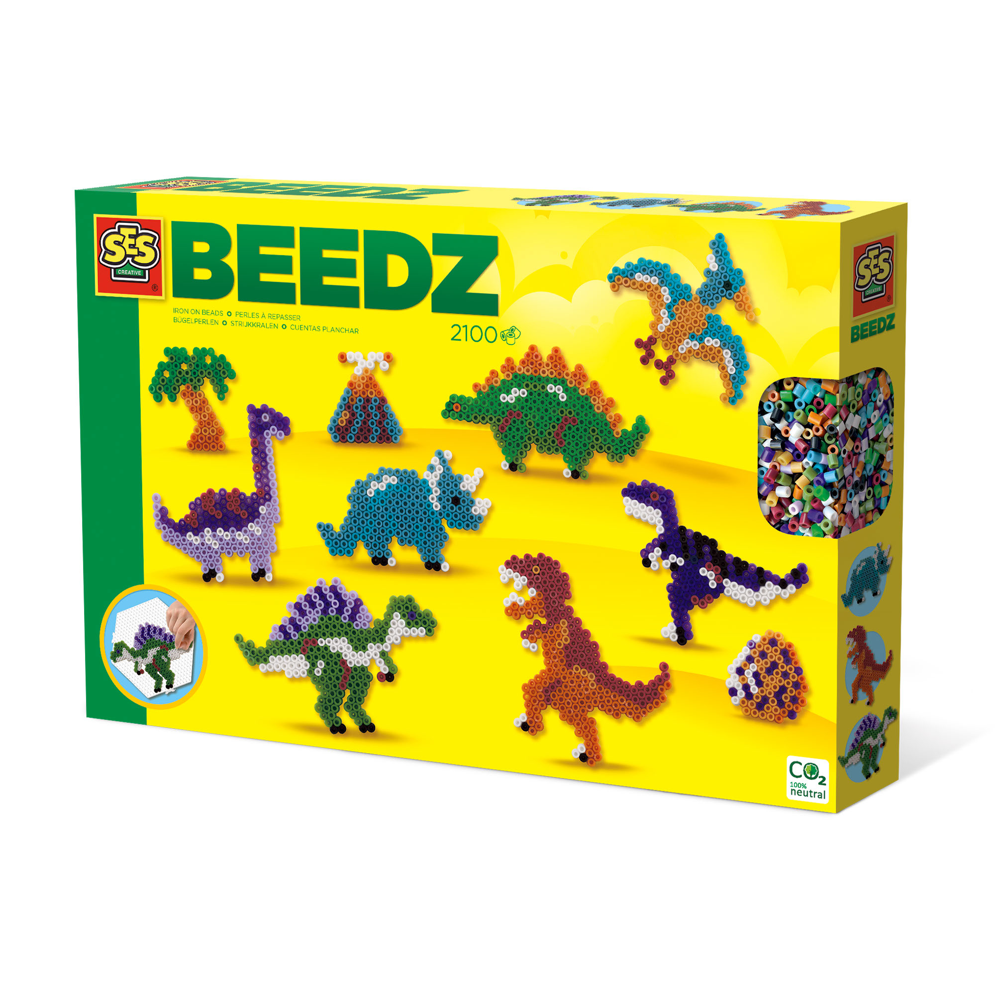Eine gelbe Schachtel mit Beedz mit bunten Dinosaurier-Perlendesigns. Die Schachtel zeigt auch das Markenlogo und die Nummer 2100.