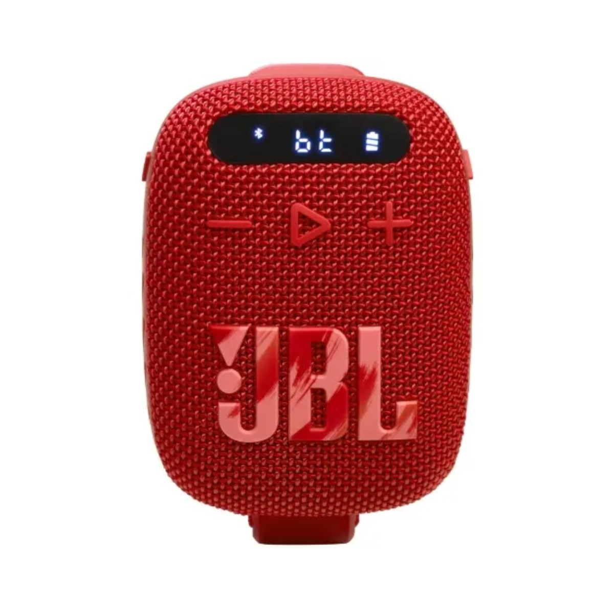 Un altoparlante JBL rosso con pulsanti e display su sfondo bianco. L'altoparlante ha il logo JBL.