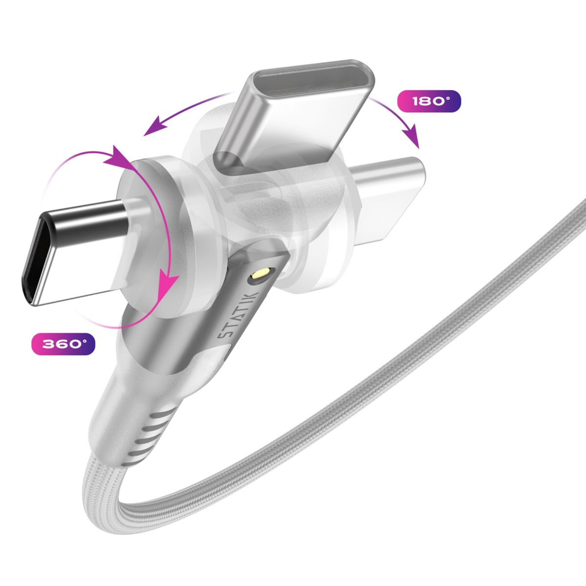 Cavo USB-C bianco con connettori rotanti. Frecce indicano rotazione a 180 e 360 gradi. La parola 'STATIK' è stampata.