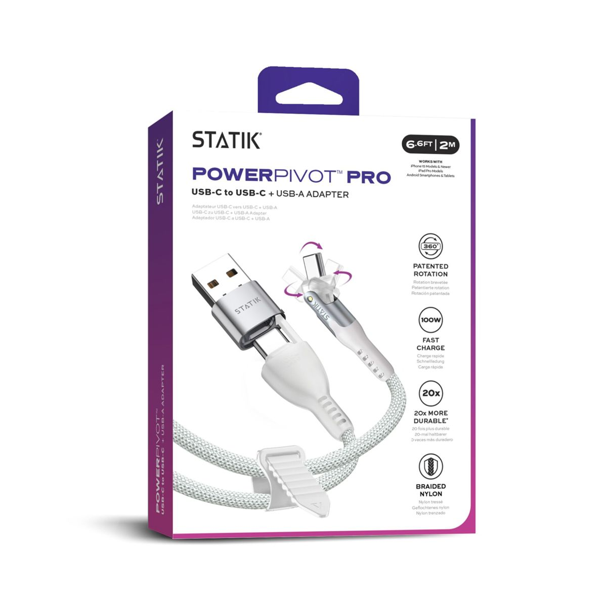 Un cavo adattatore da USB-C a USB-A bianco e argento su una scatola con informazioni sul prodotto. Il cavo è in nylon intrecciato.