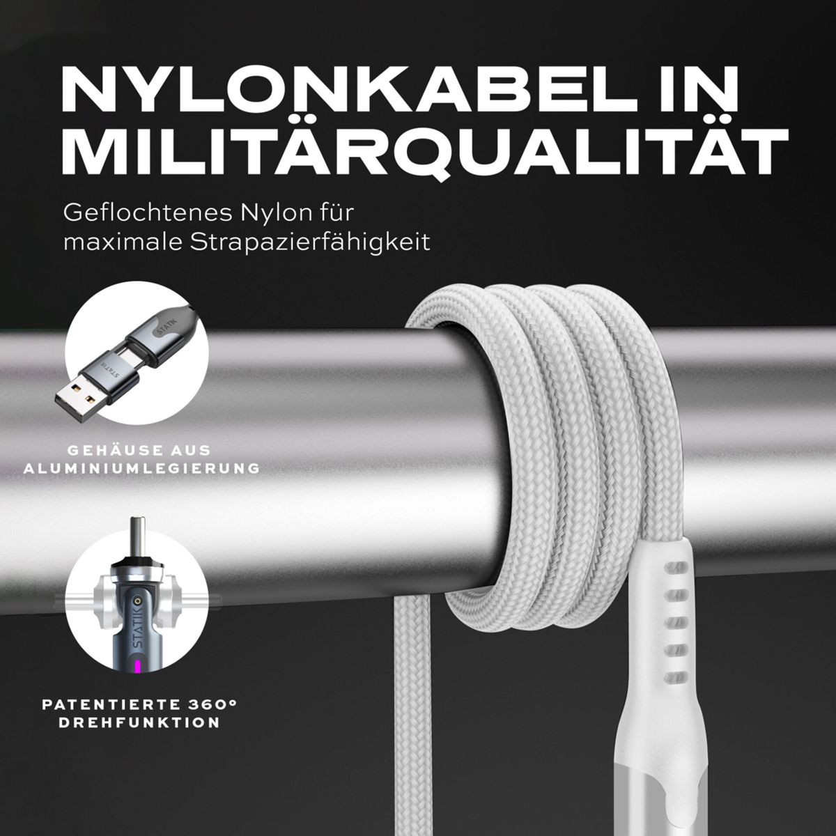 Un cavo in nylon intrecciato bianco è avvolto attorno a una barra di metallo. Il testo descrive il cavo come di grado militare e ha un alloggiamento in alluminio.