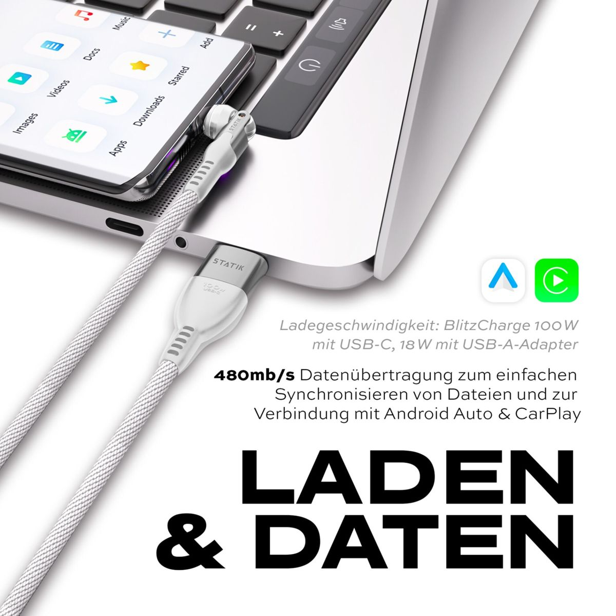 Un cavo di ricarica bianco collega telefono e laptop. Il testo include "Laden & Daten" e "480mb/s Trasferimento dati".