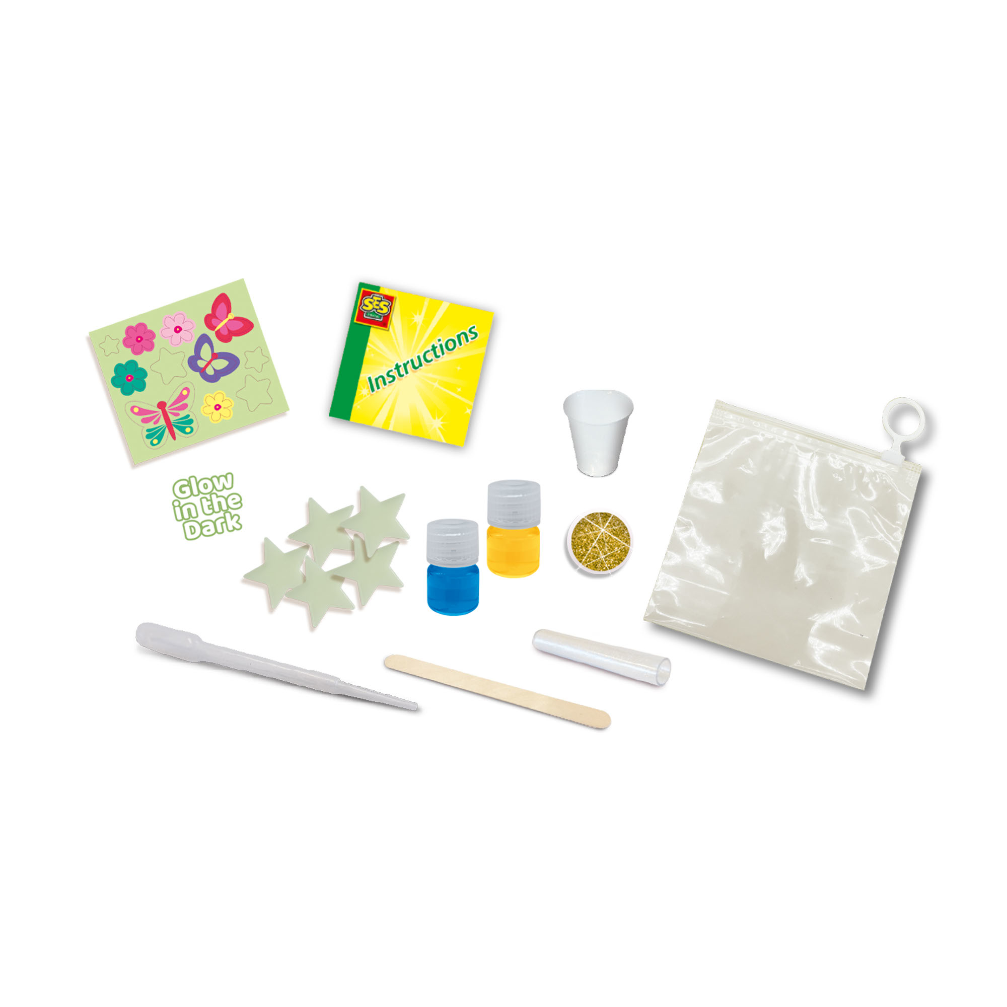 Ein Kit mit Anweisungen, kleinen Bechern, Glitzer, Sternen, Schmetterlingsaufklebern, Flaschen und einer Tüte. Verschiedene Werkzeuge sind ebenfalls enthalten.