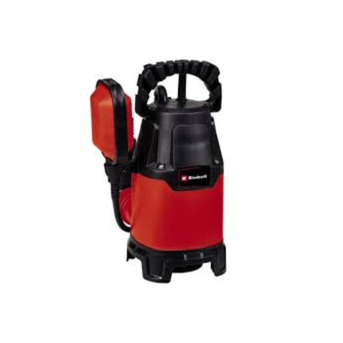 Una pompa sommersa rossa e nera. Ha una maniglia e un raccordo per tubi. Lo sfondo è bianco.
