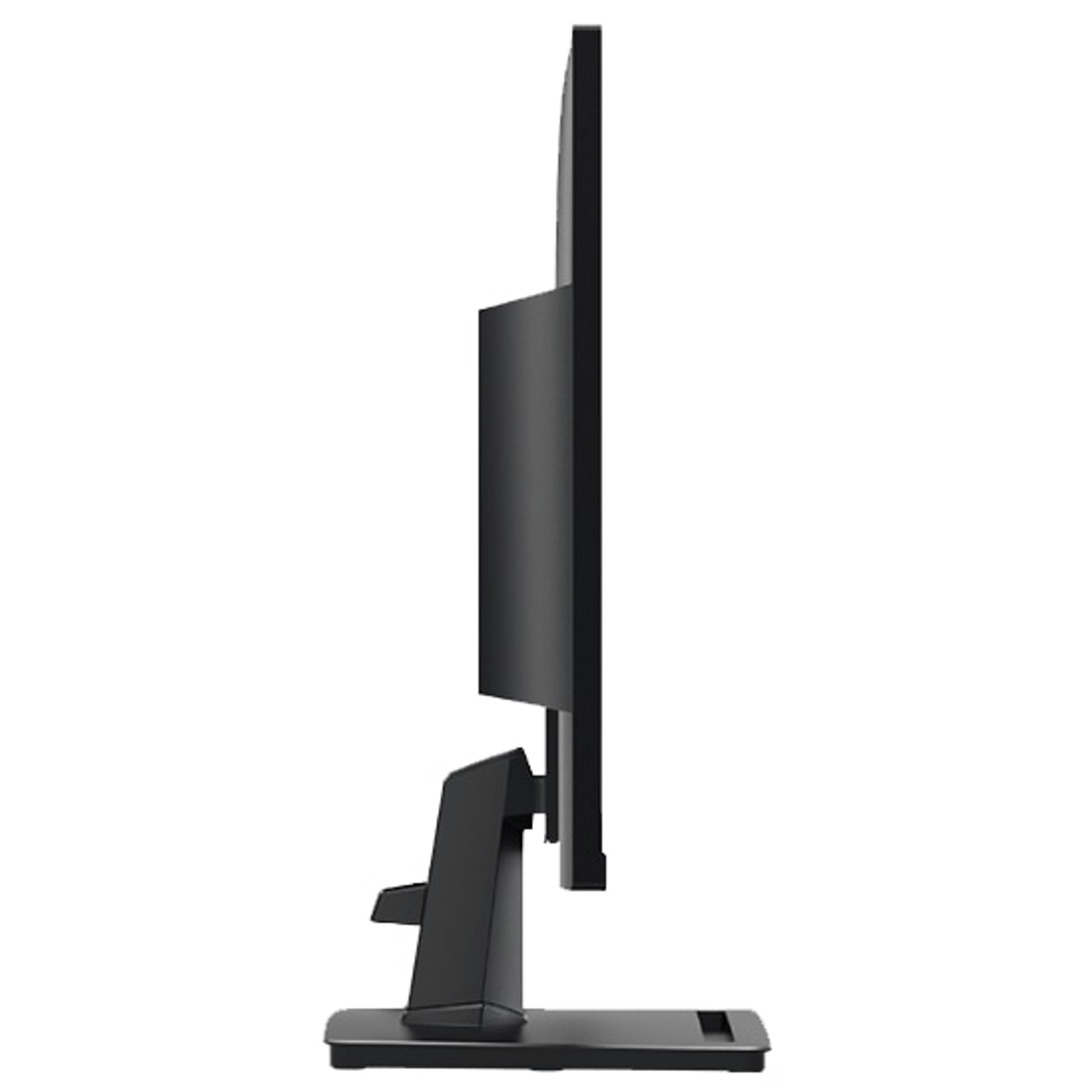 Widok z boku czarnego monitora komputera. Ma prostokątny ekran wspierany przez podstawę. Tło jest białe.