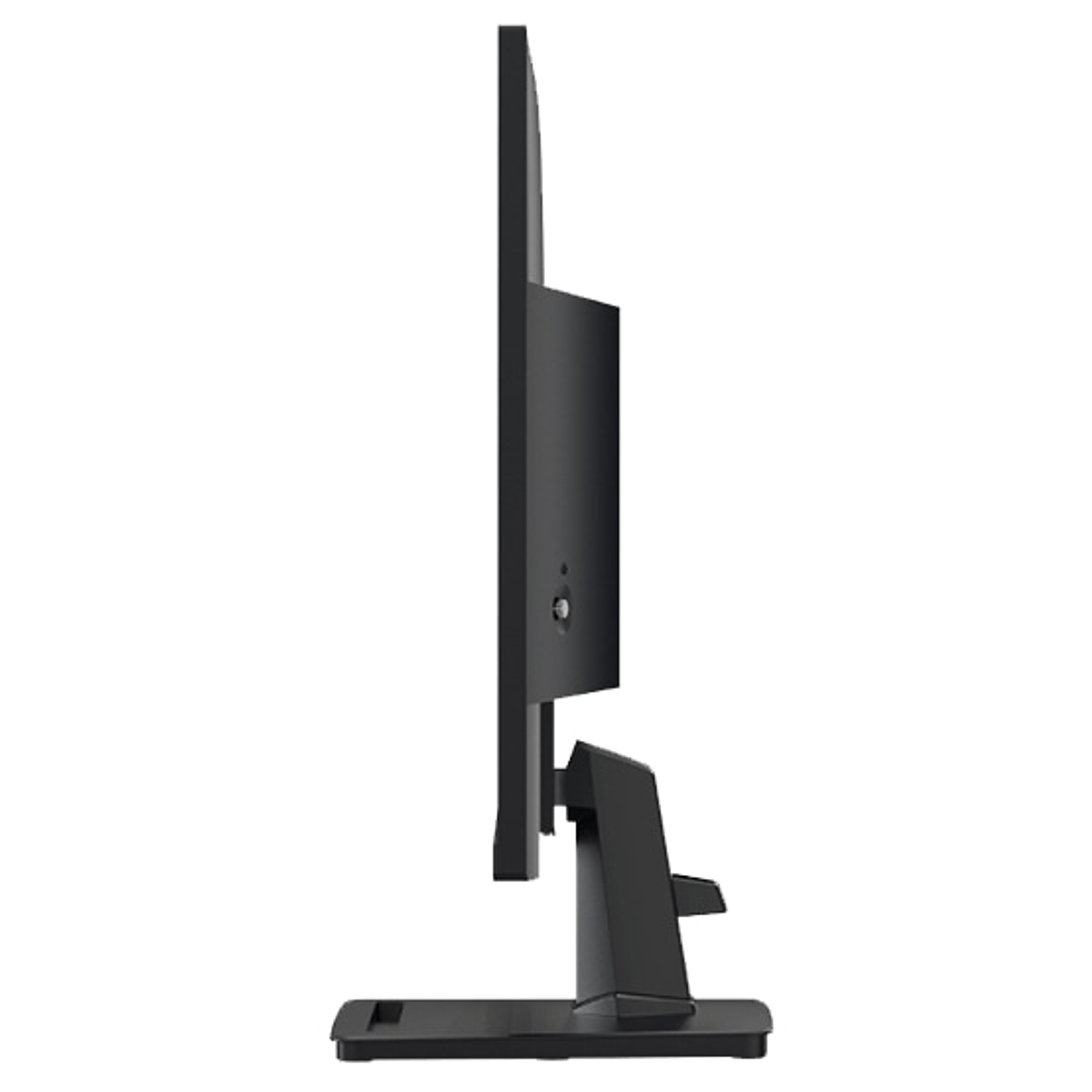 Widok z boku czarnego monitora. Ma podstawę i prostokątny ekran na białym tle.