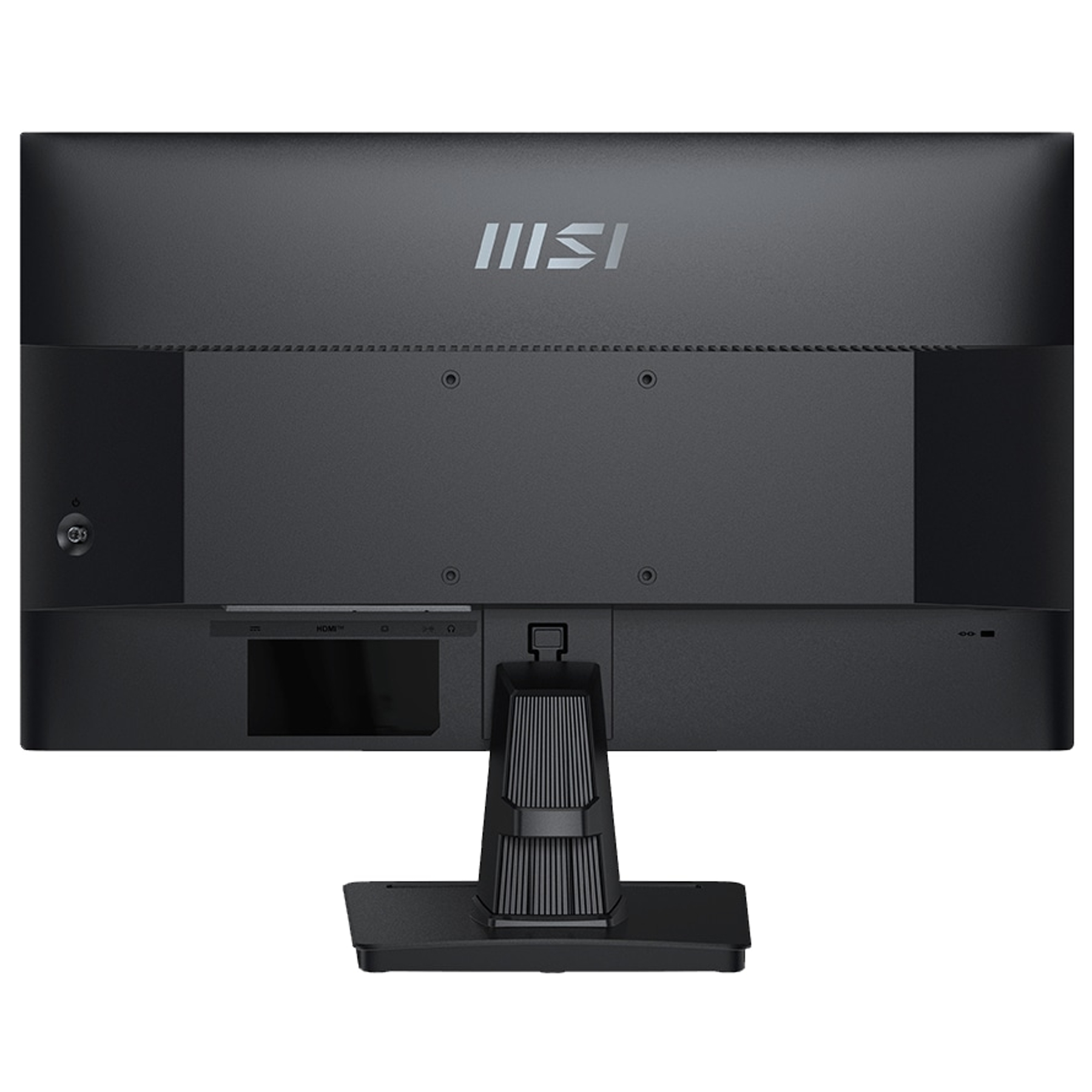 Widok z tyłu czarnego monitora MSI, z logo MSI, portami i widoczną podstawą. Na białym tle.