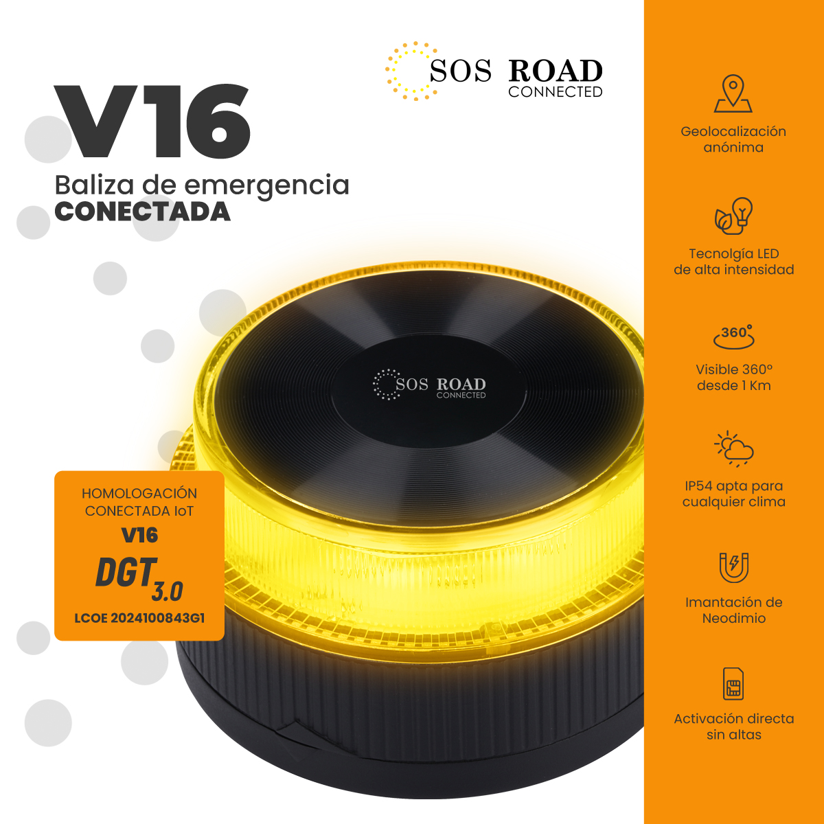 Una baliza de emergencia V16 amarilla y negra con la marca SOS ROAD Connected. Cuenta con una luz amarilla brillante e iconos informativos.