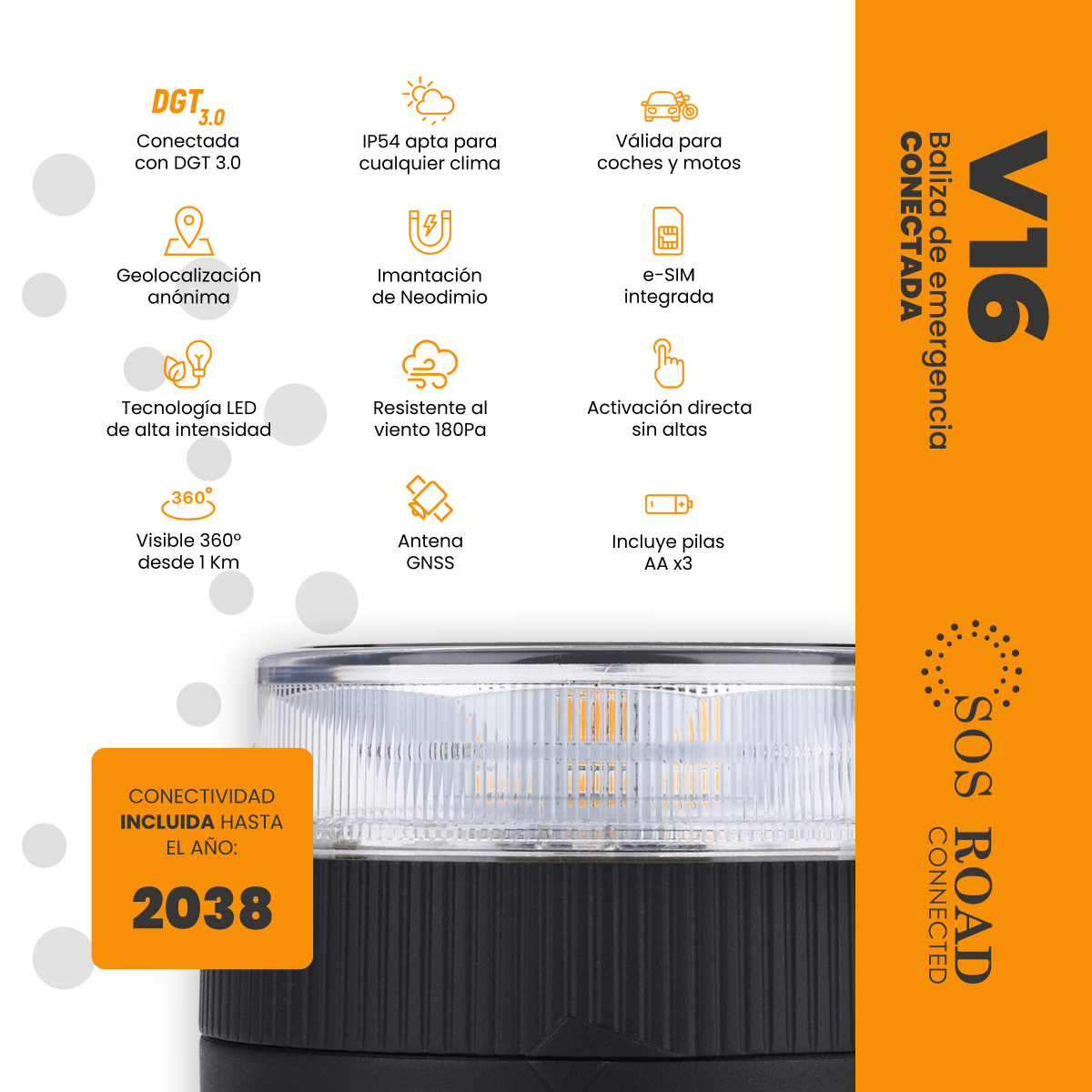 Una baliza de emergencia en blanco y negro con GPS, e-SIM y LED de alta intensidad. Conectividad hasta 2038.