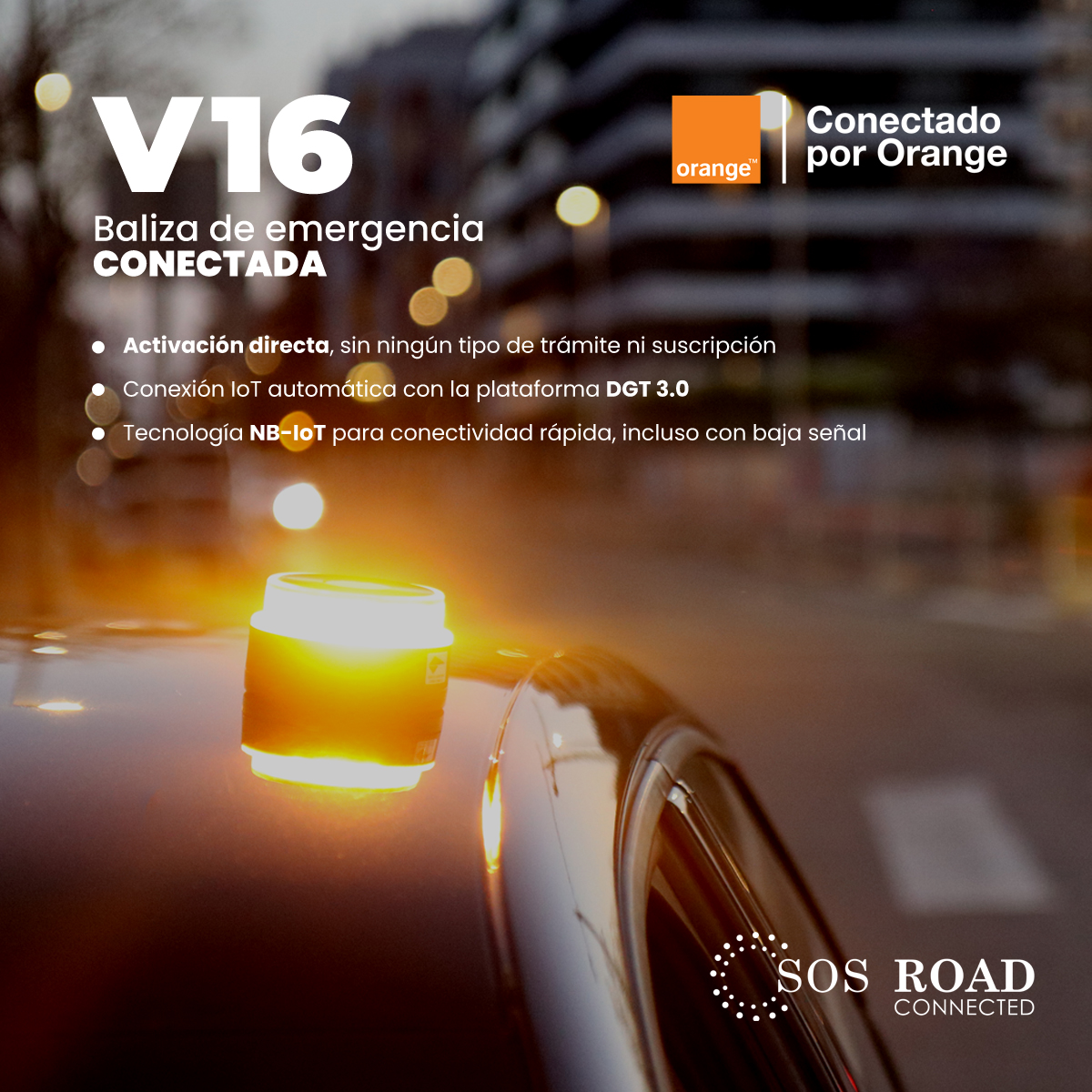 Una luz de emergencia naranja en un coche con el logo de Orange, texto sobre activación directa y tecnología NB-IoT para conectividad.