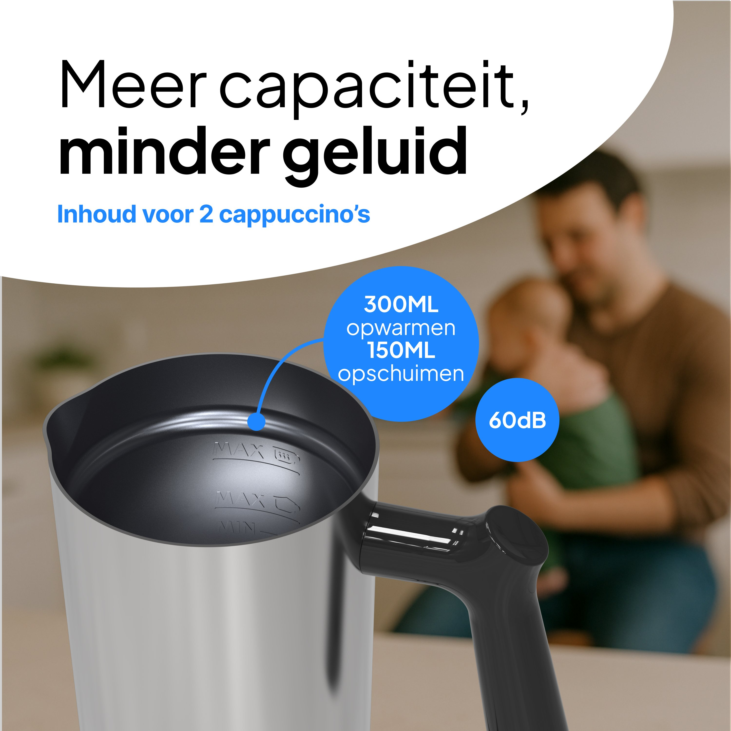 A milk frother with text, a man holding a baby in the background. Blue circles show capacity and noise levels.