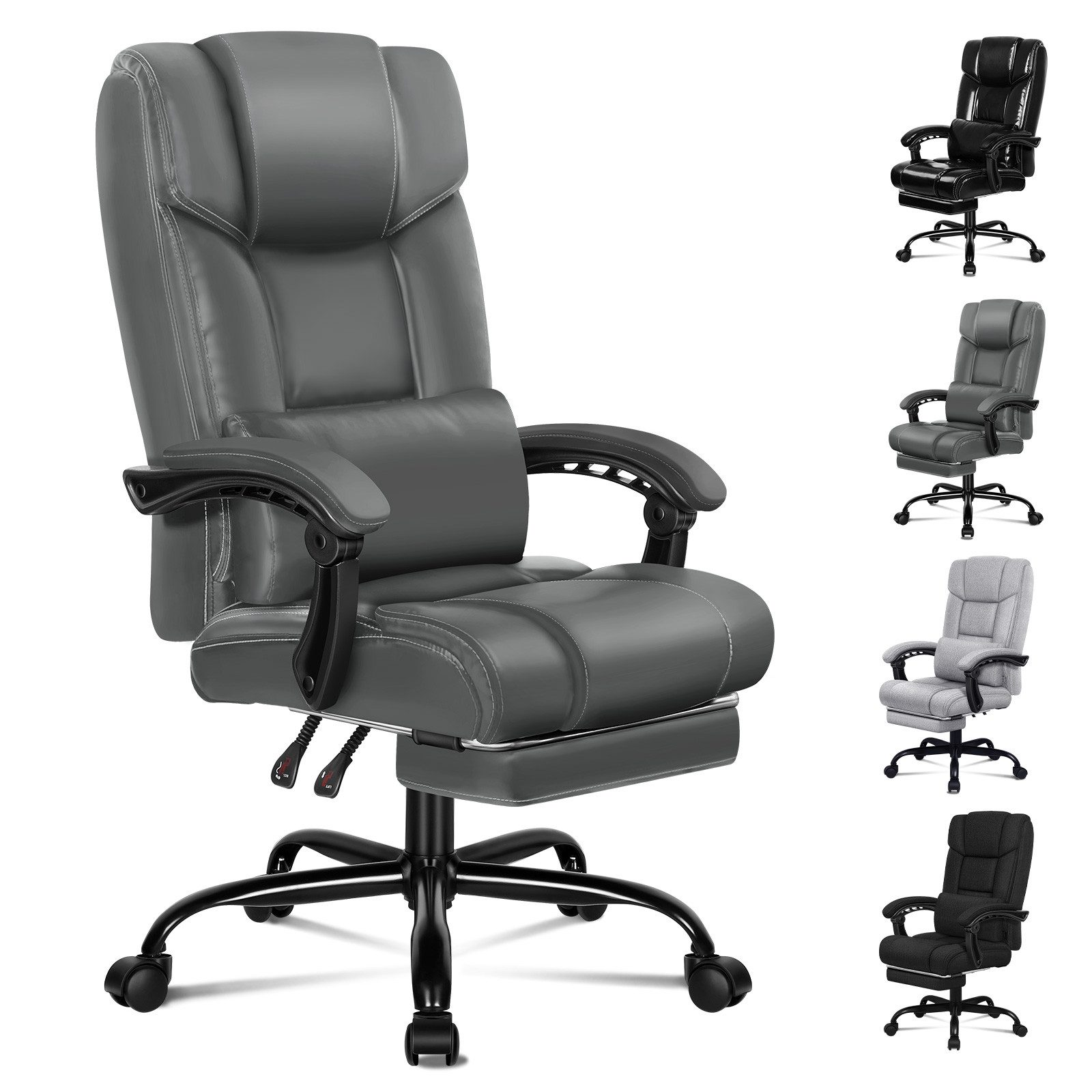 Grauer Leder-Bürostuhl mit Kopfstütze, Armlehnen und Fußstütze, Rädern. Vier Variationen: schwarz, grau und zwei schwarz.
