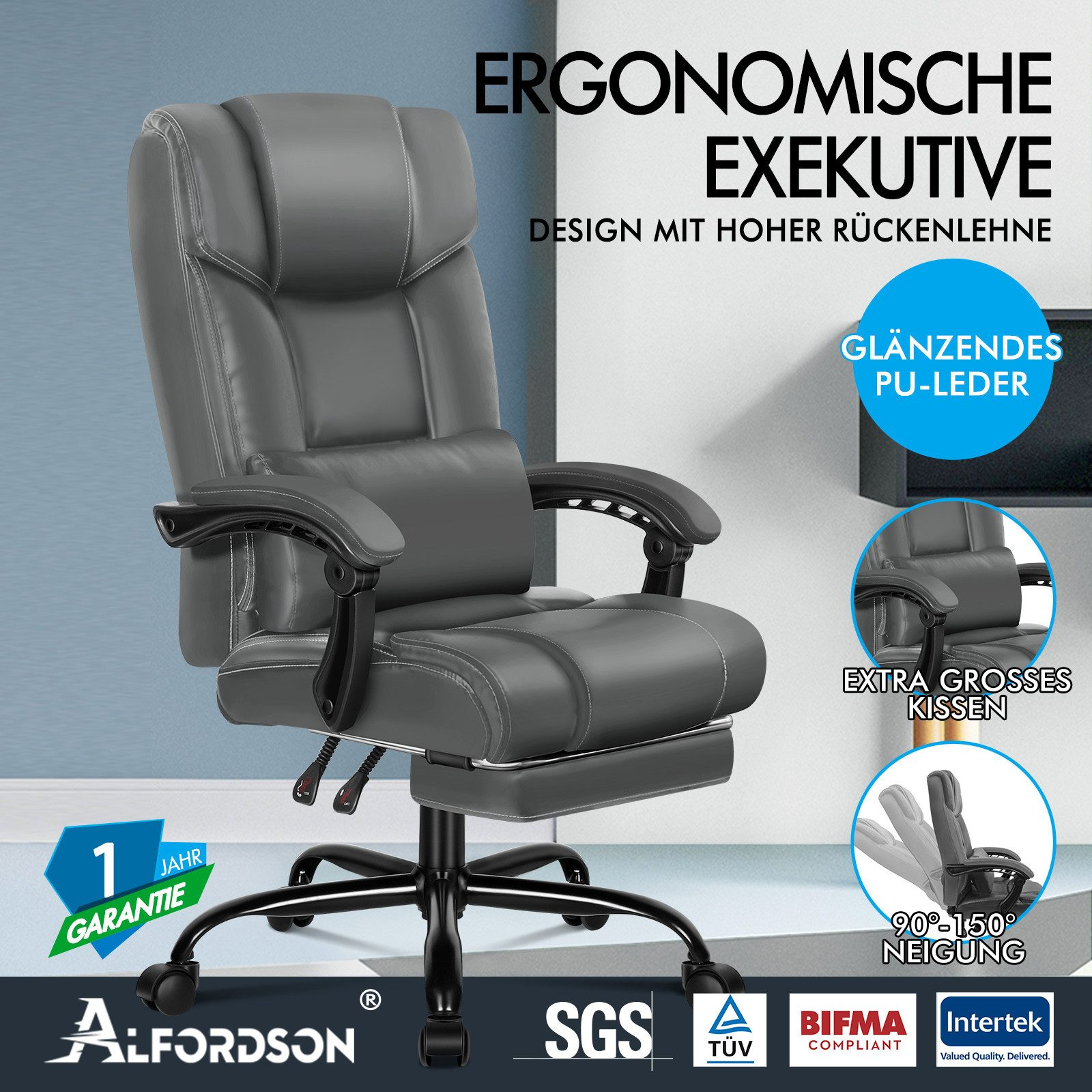 Grauer ergonomischer Chefsessel mit hoher Rückenlehne. Merkmale sind Kopfstütze, Armlehnen und Fußstütze. Etiketten zeigen Merkmale.