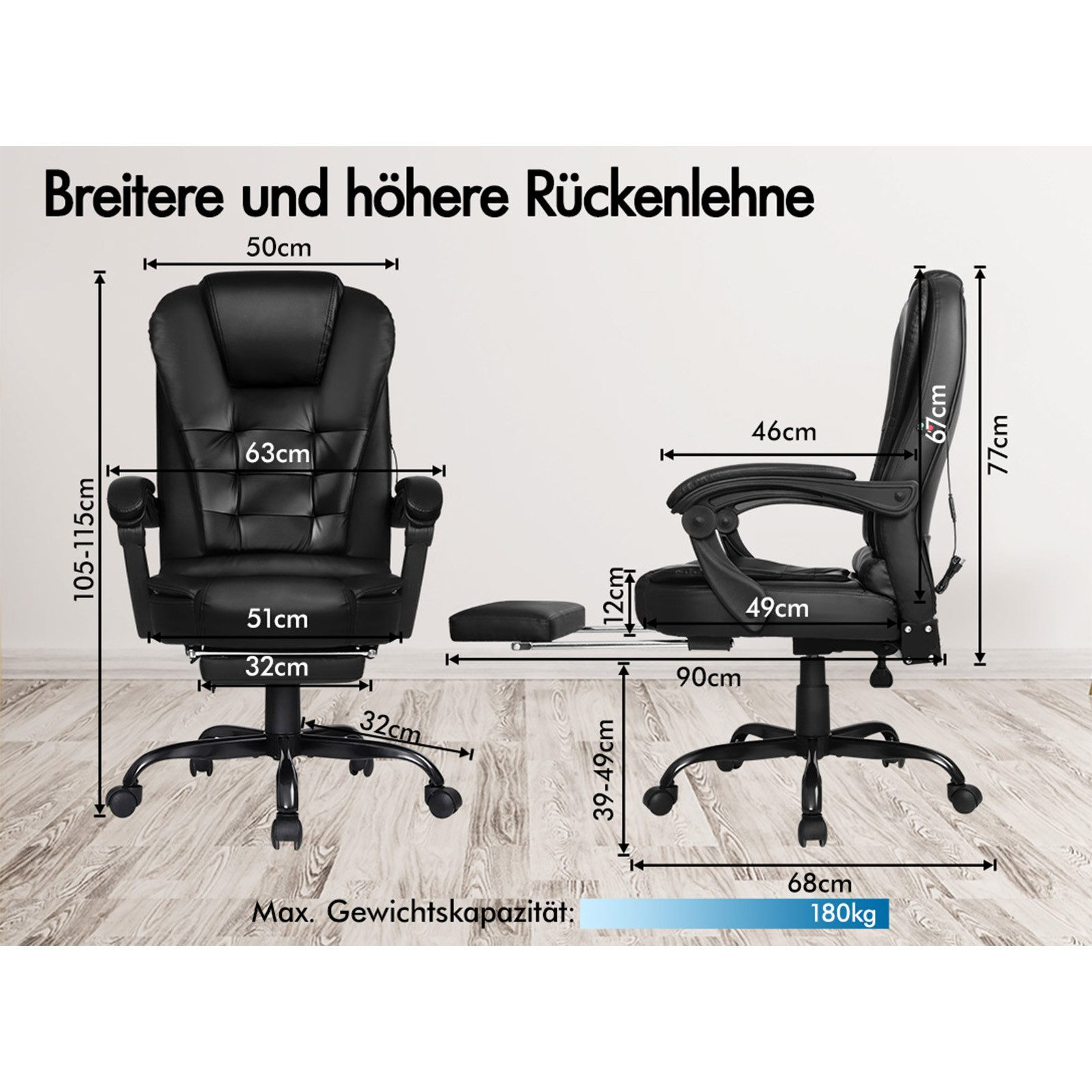 Schwarzer Bürostuhl mit cm-Maßen. Er hat eine hohe Rückenlehne, Armlehnen und eine Fußstütze. Die max. Kapazität beträgt 180 kg.