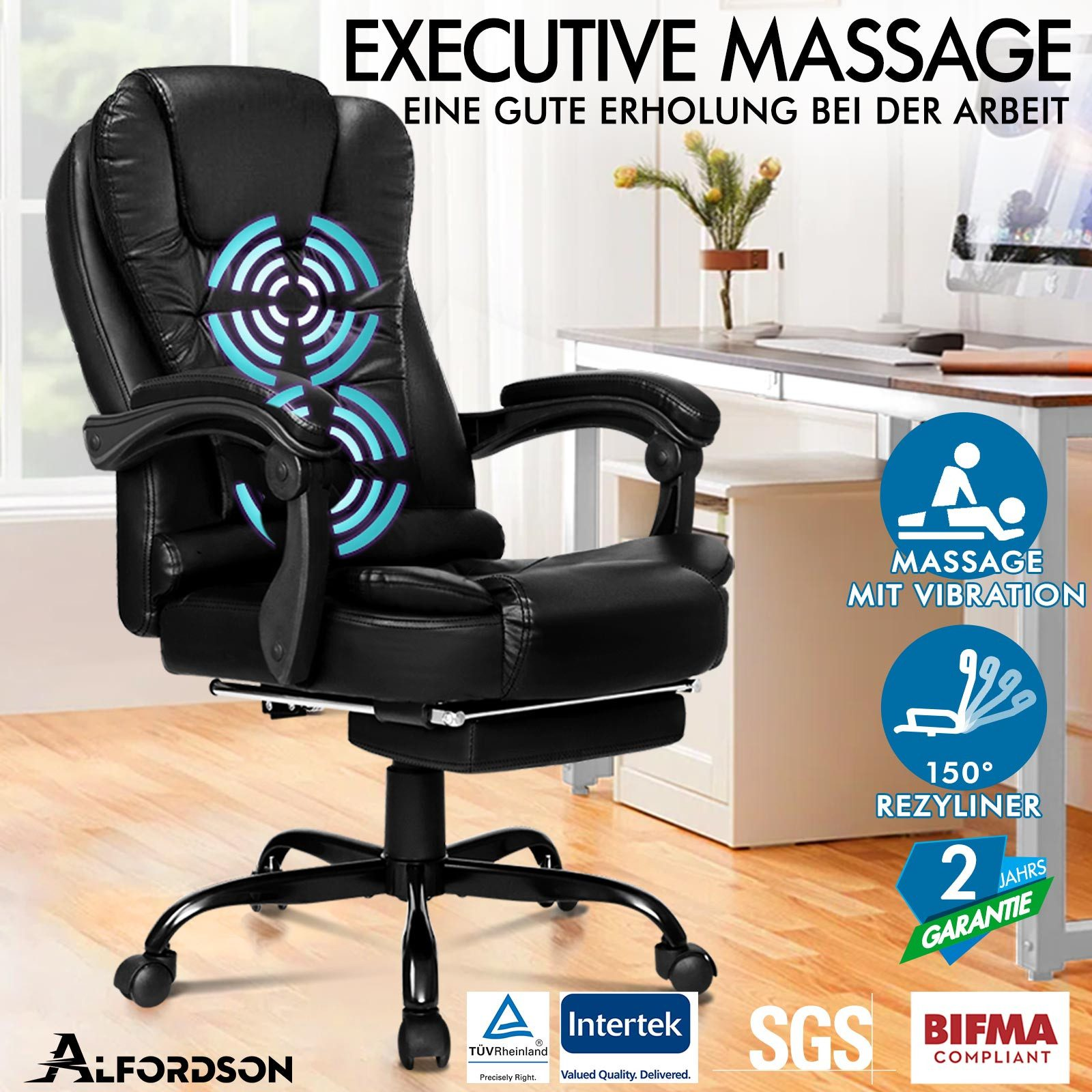 Schwarzer Massagesessel. Merkmale: Vibration, 150° Neigung und zwei Jahre Garantie.