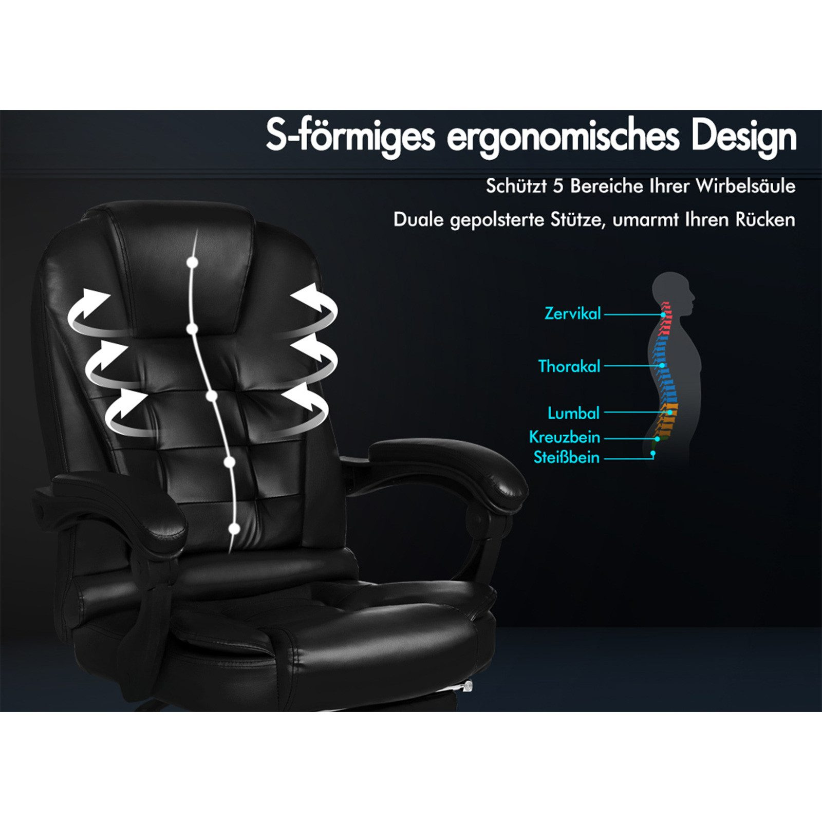 Schwarzer ergonomischer Bürostuhl. Text hebt Wirbelsäulenstützzonen hervor, Pfeile zeigen das Design.