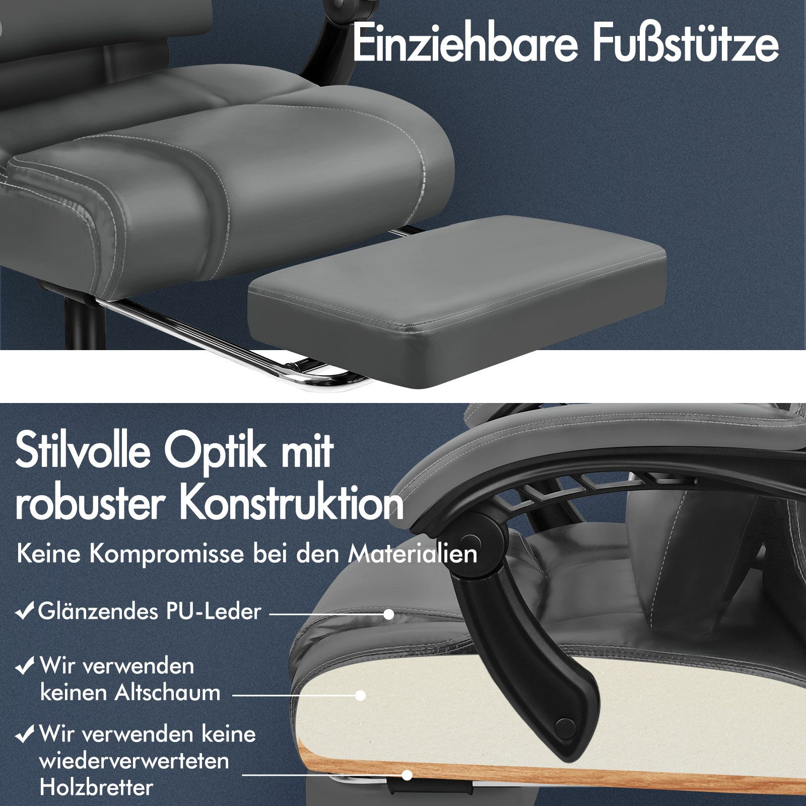 Ein grauer Bürostuhl mit ausziehbarer Fußstütze. Der Text lautet 'Stilvoller Look mit robuster Konstruktion' und 'Keine Kompromisse bei Materialien'.