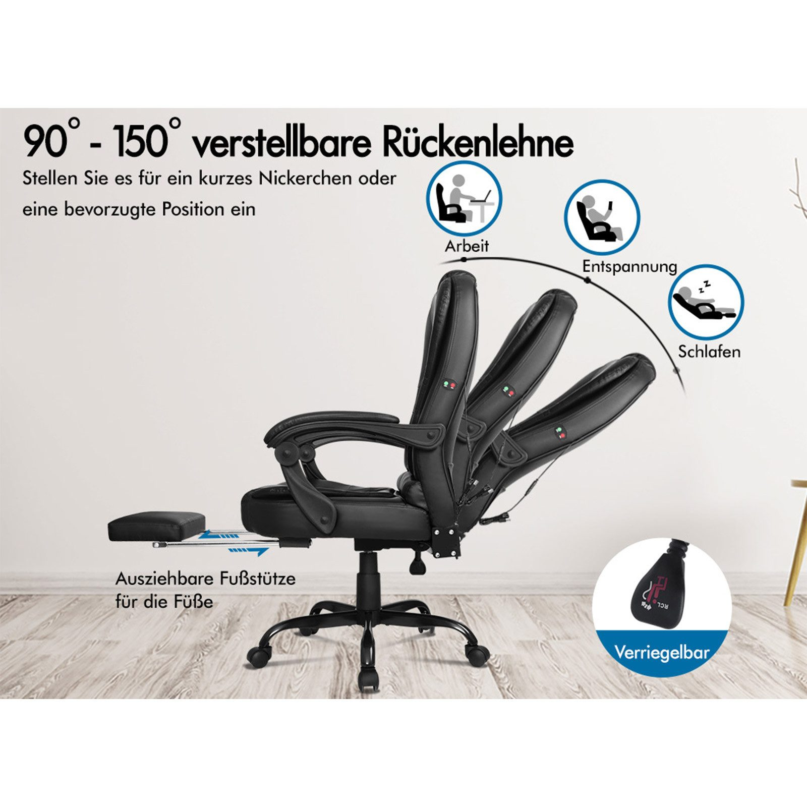 Schwarzer Bürostuhl mit verstellbarer Rückenlehne und Fußstütze, zeigt Positionen für Arbeit, Entspannung und Schlaf.